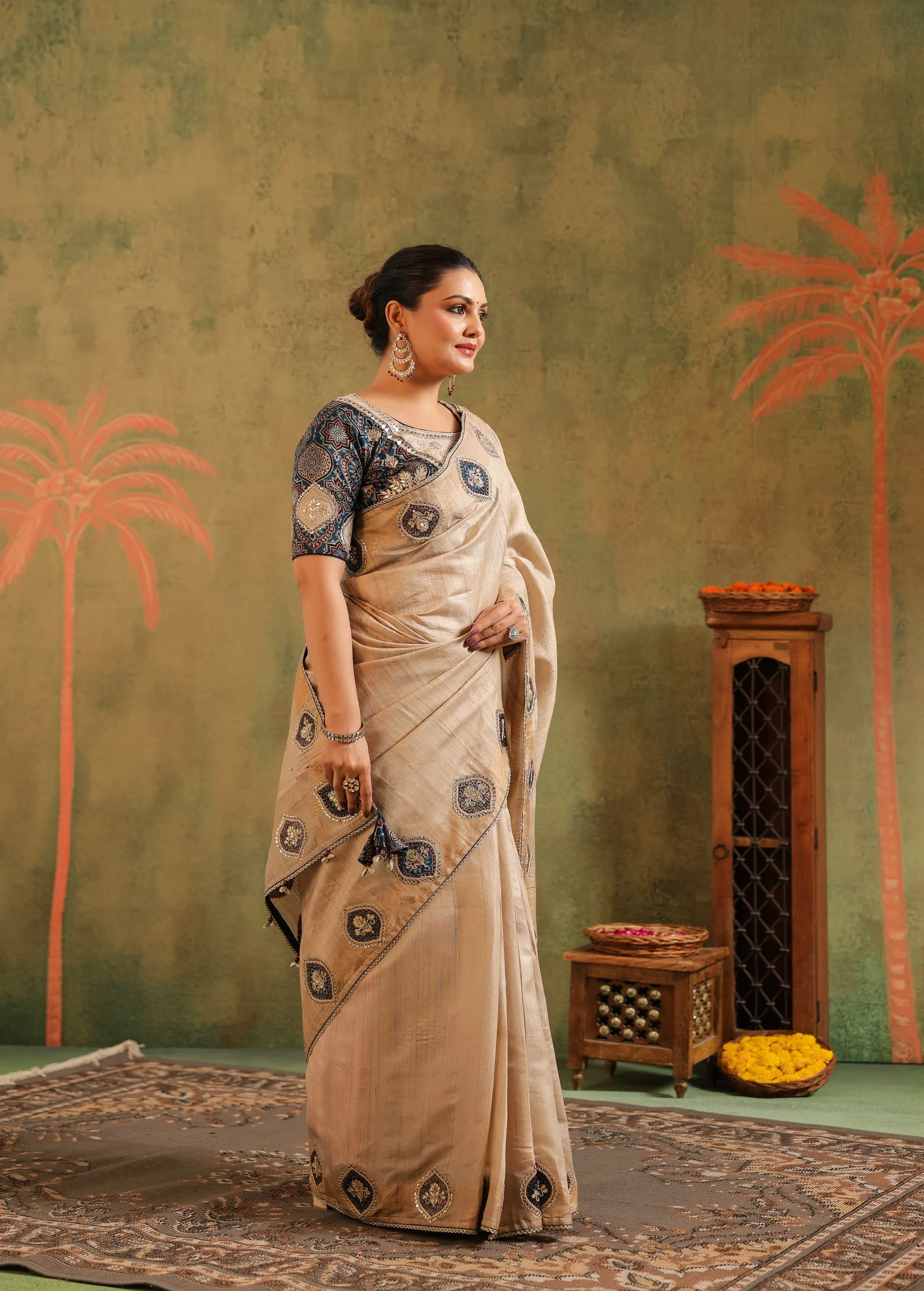 Classic Beige Embroidered Premium Silk Saree - Image 5