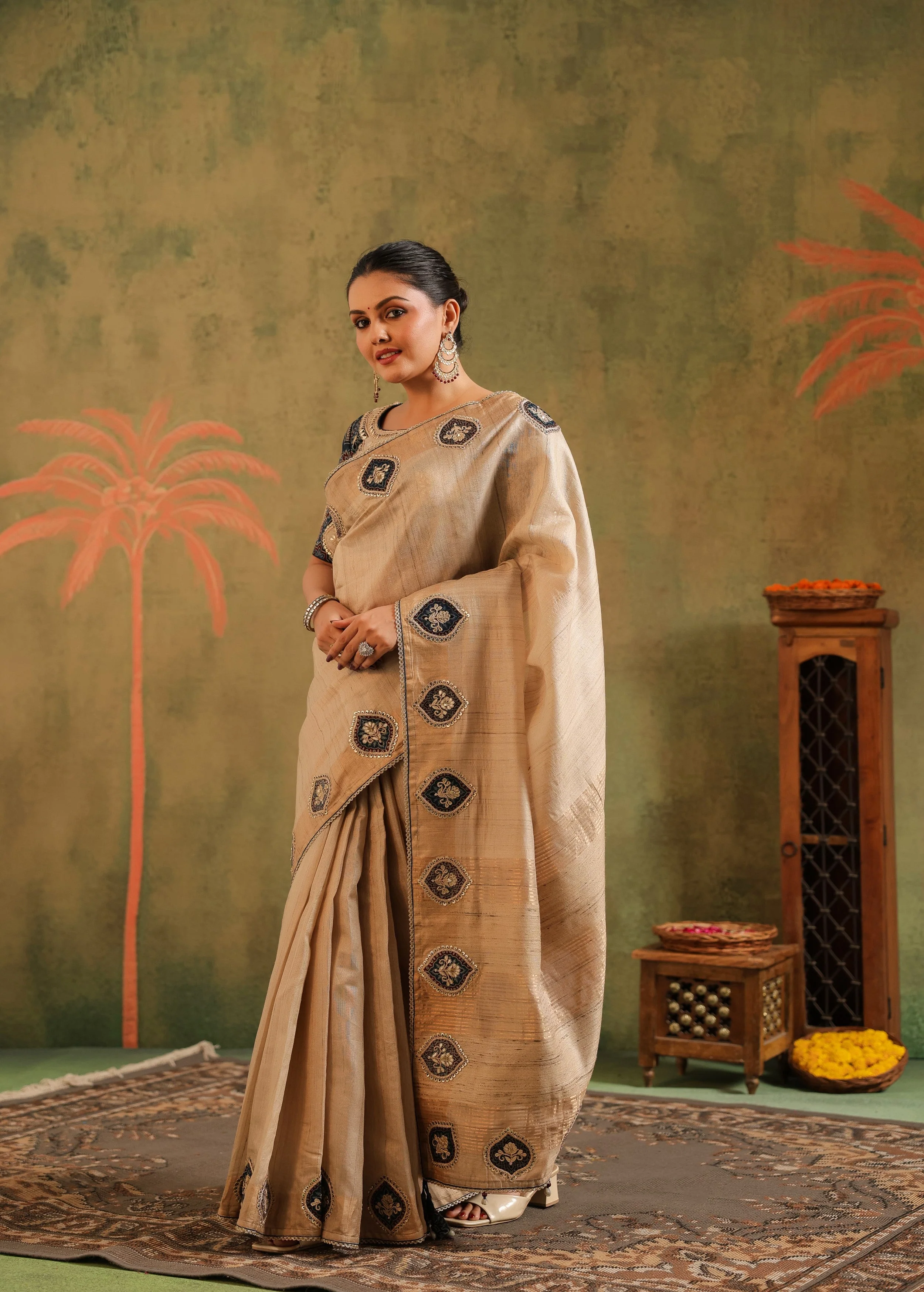 Classic Beige Embroidered Premium Silk Saree - Image 6