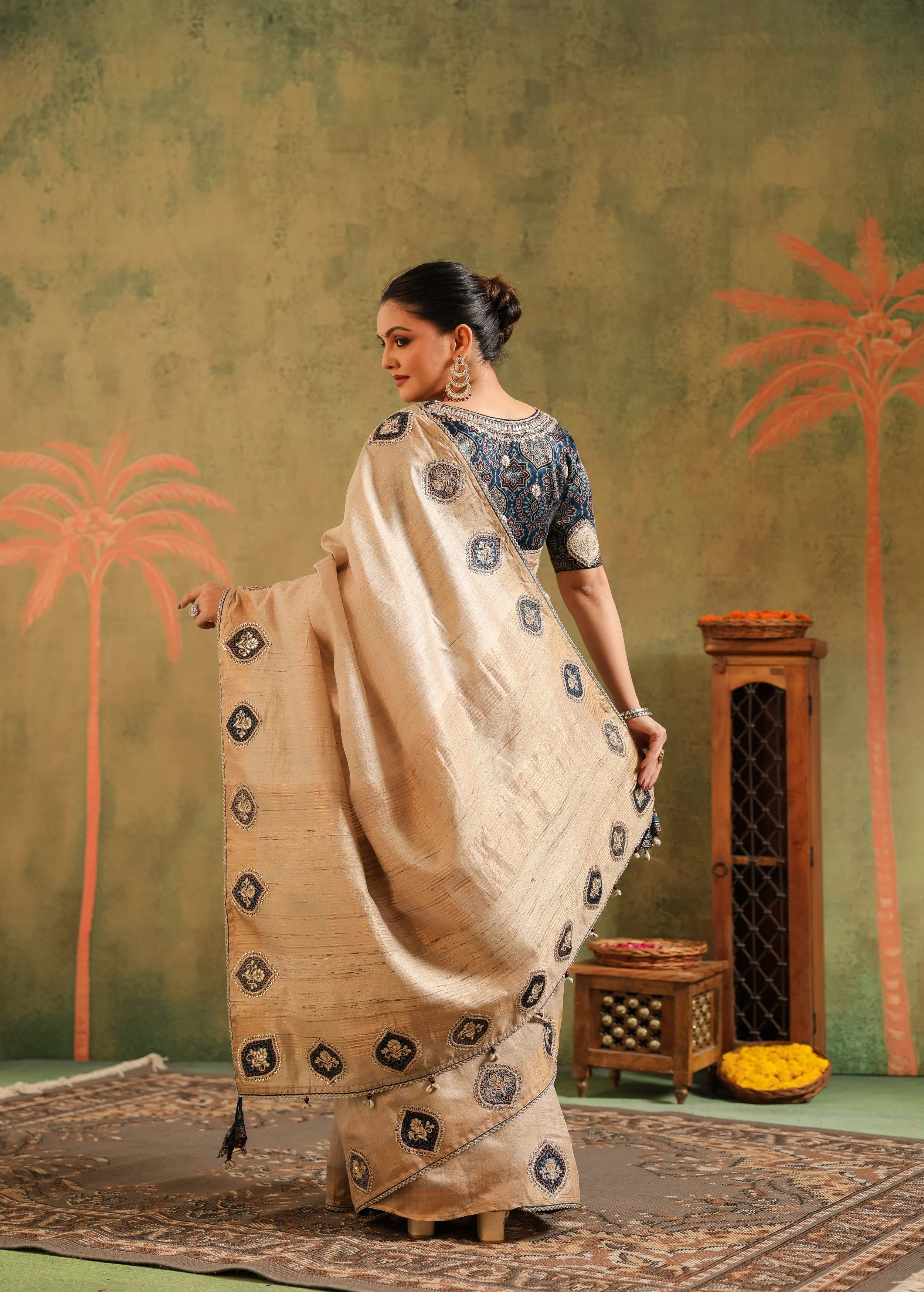 Classic Beige Embroidered Premium Silk Saree - Image 8