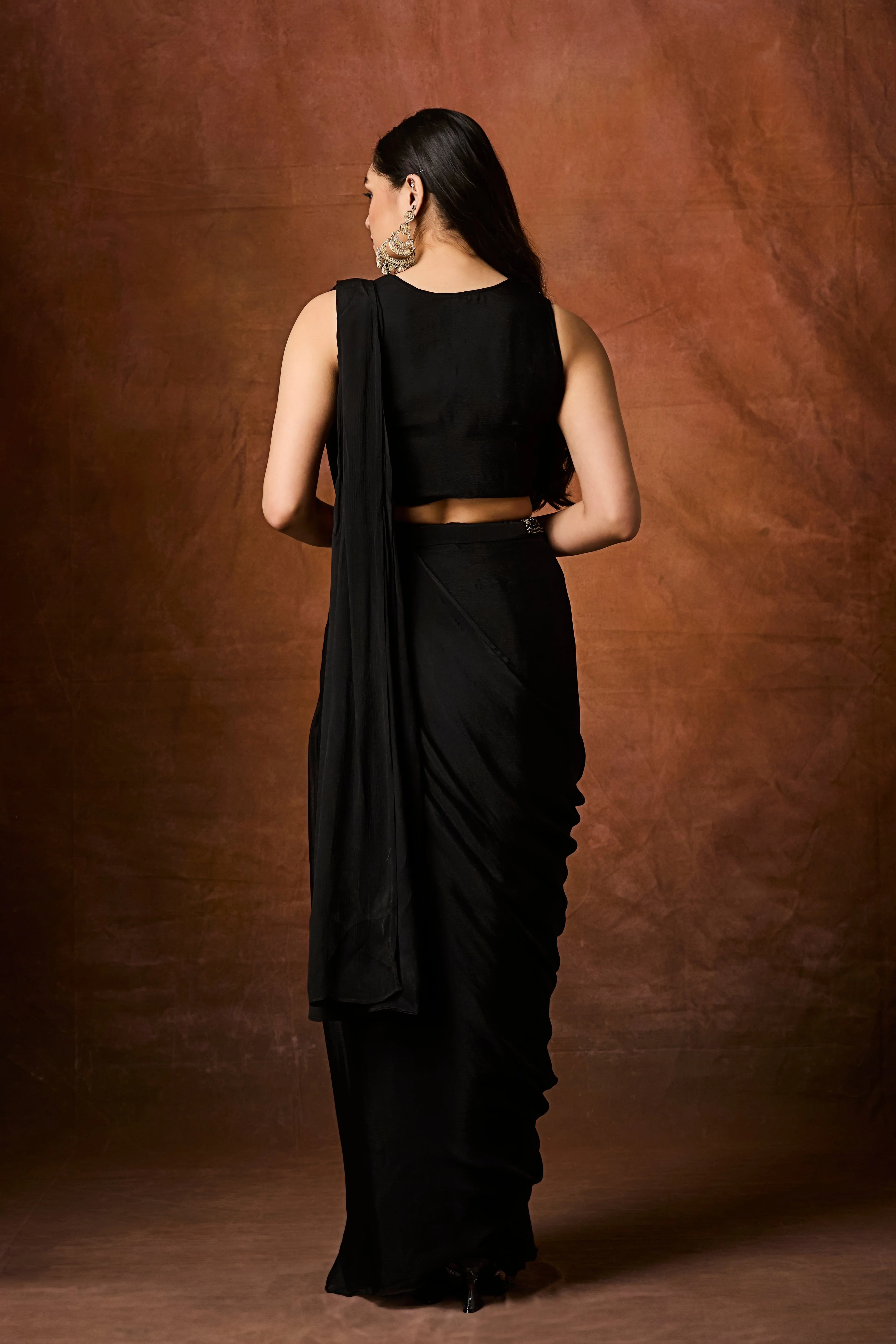 Jet Black Embellished Crepe Silk Drape Saree - Image 2