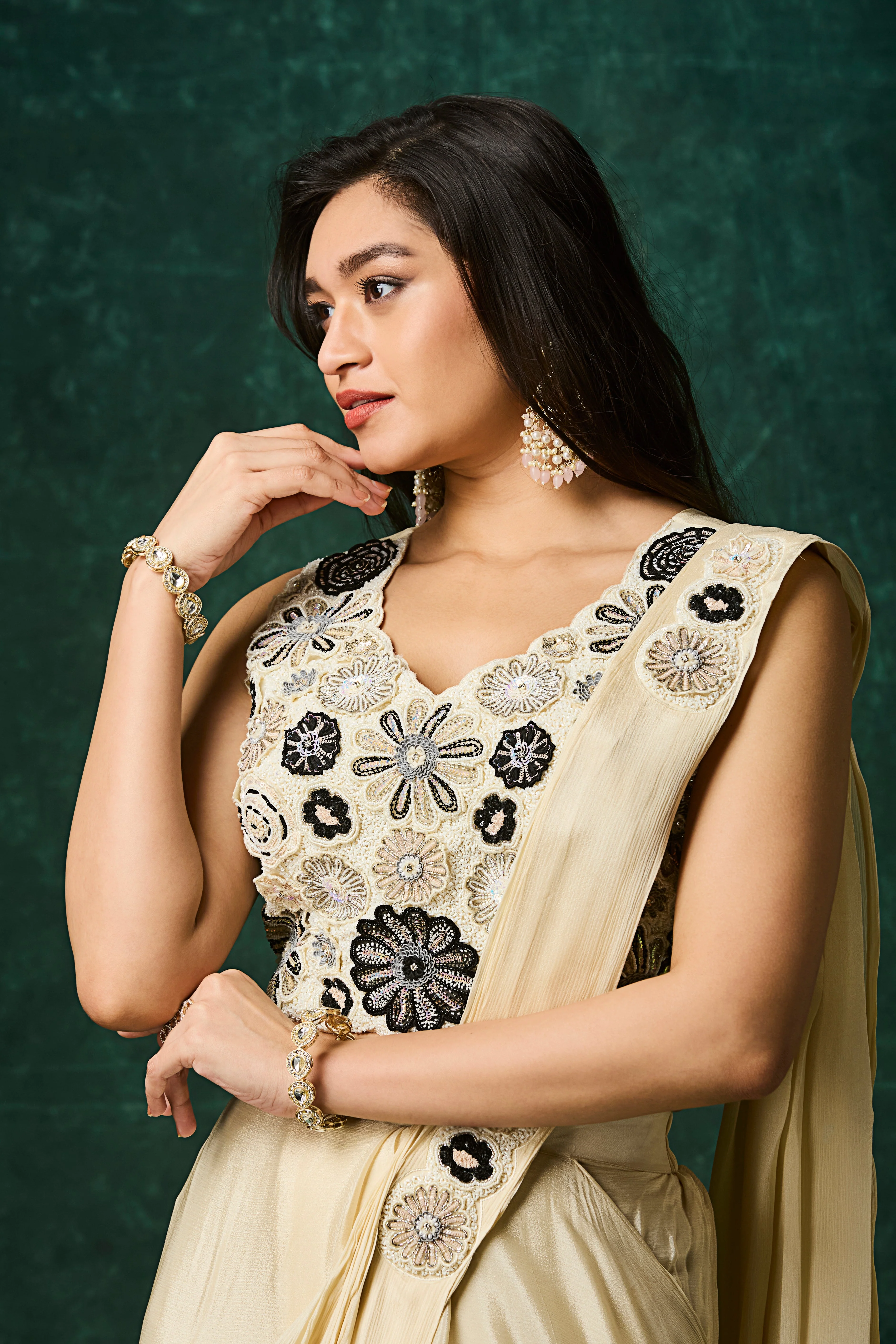 Soft Beige Embellished Chinon Silk Drape Saree - Image 2