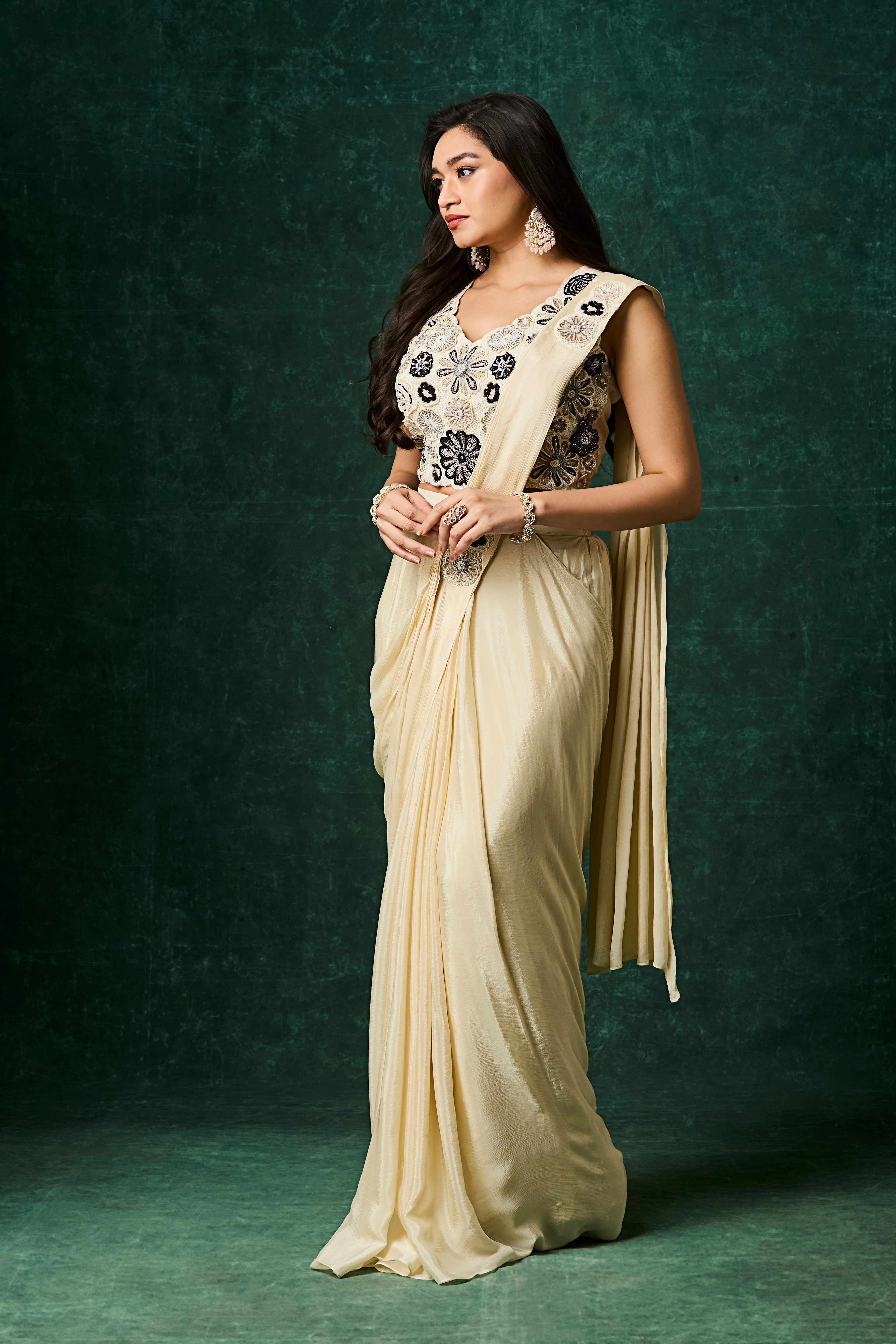 Soft Beige Embellished Chinon Silk Drape Saree - Image 3