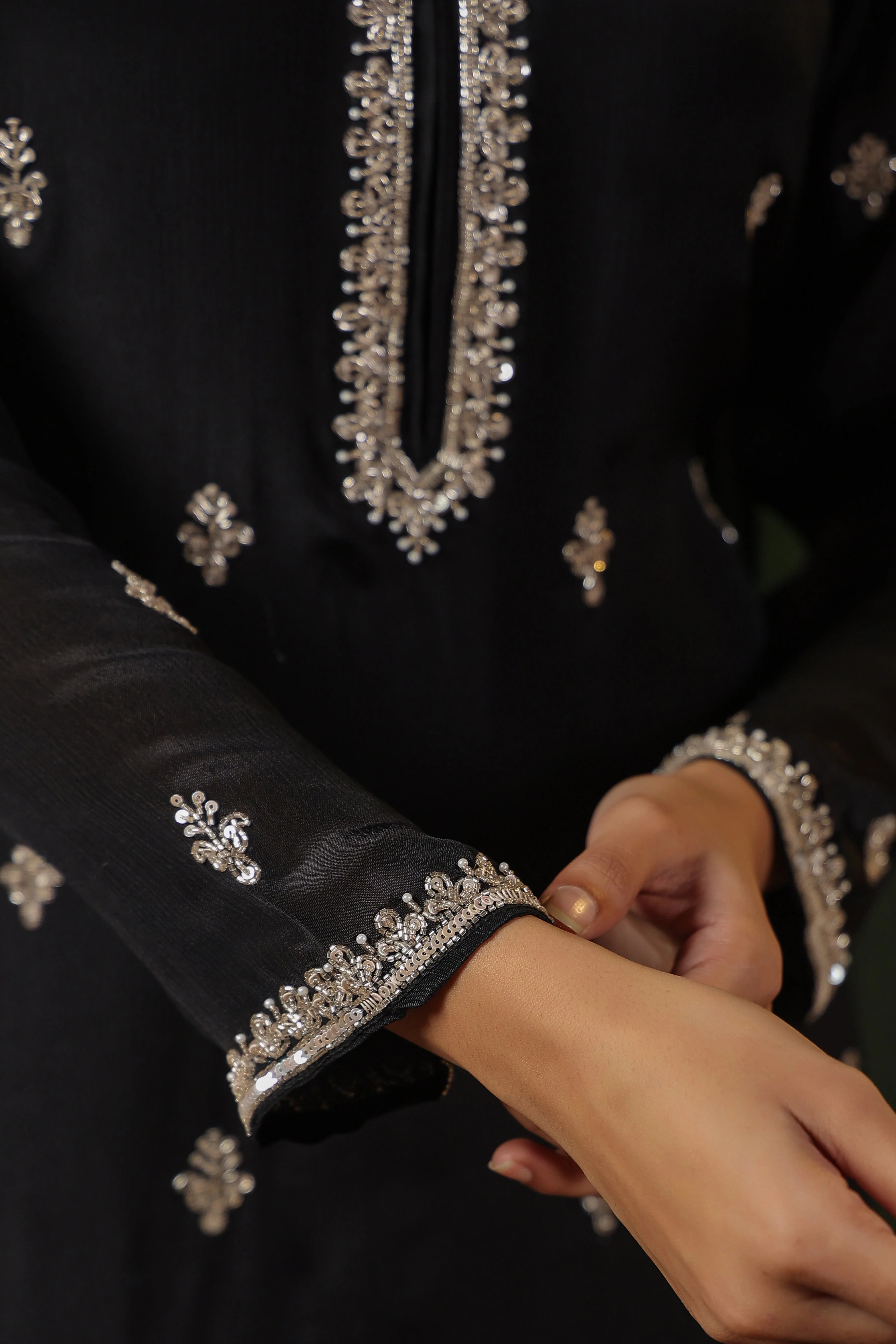 Classic Black Embellished Chinon Silk Sharara Set - Image 3