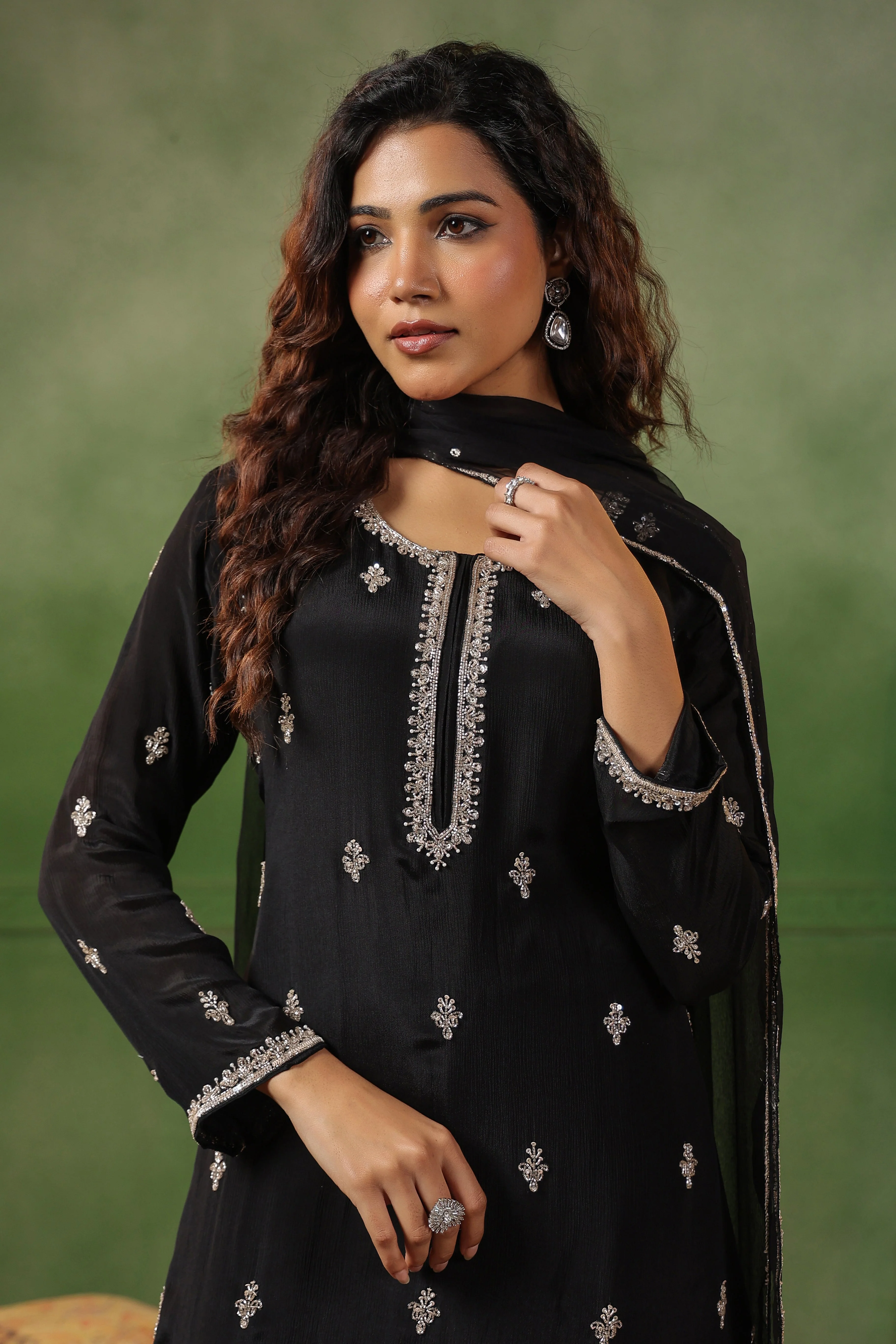 Classic Black Embellished Chinon Silk Sharara Set - Image 4