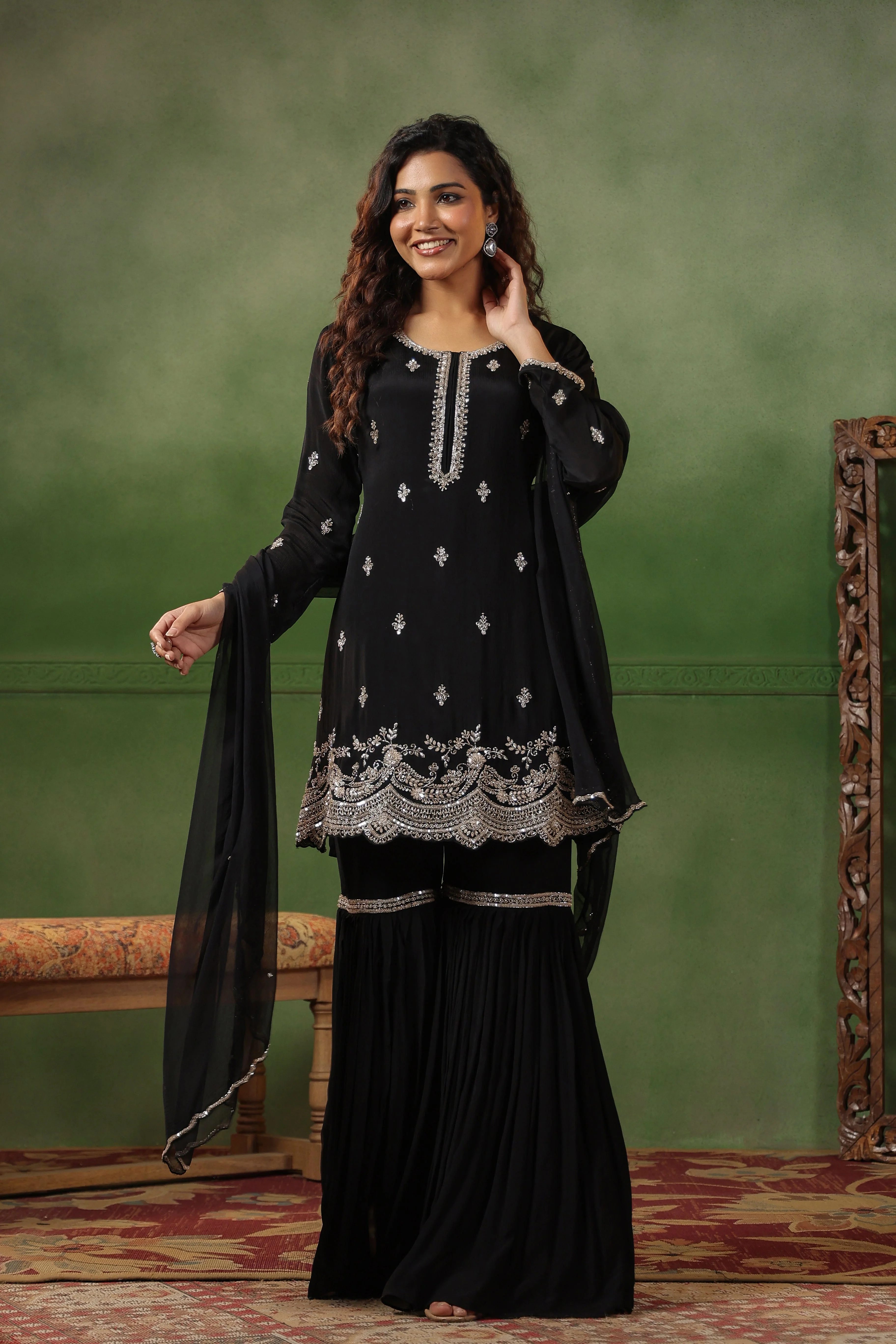 Classic Black Embellished Chinon Silk Sharara Set - Image 5