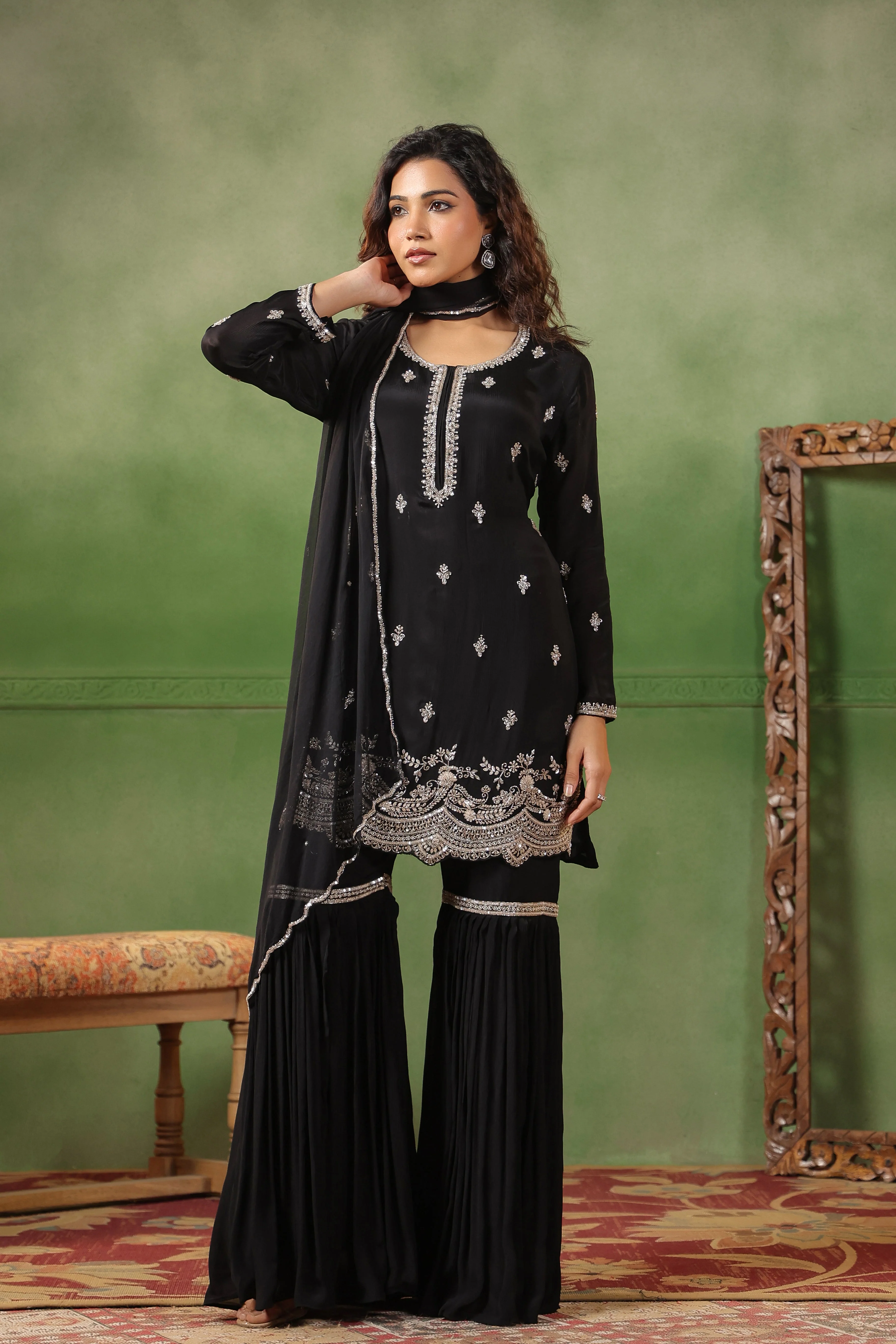 Classic Black Embellished Chinon Silk Sharara Set - Image 6