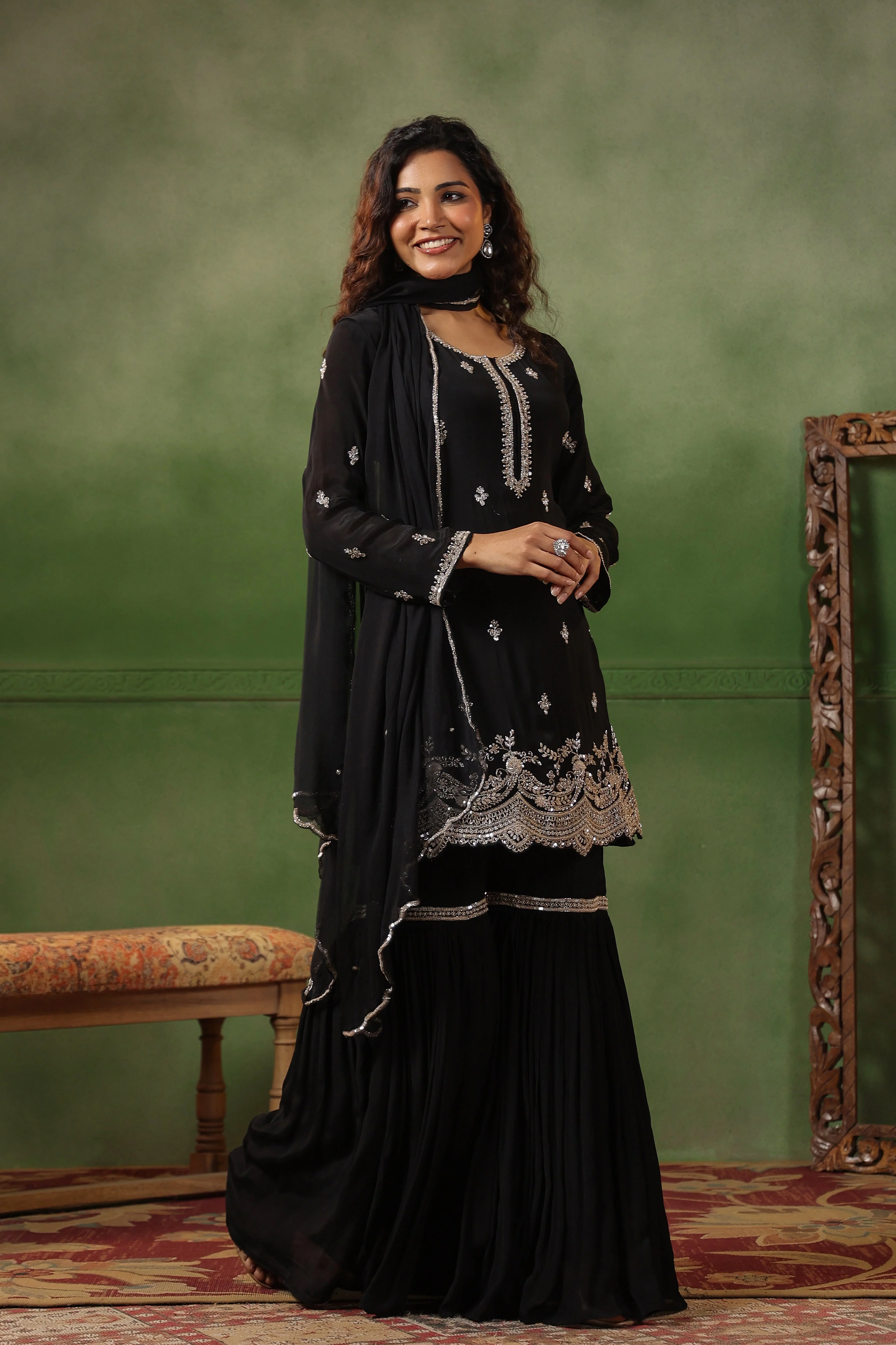Classic Black Embellished Chinon Silk Sharara Set - Image 7