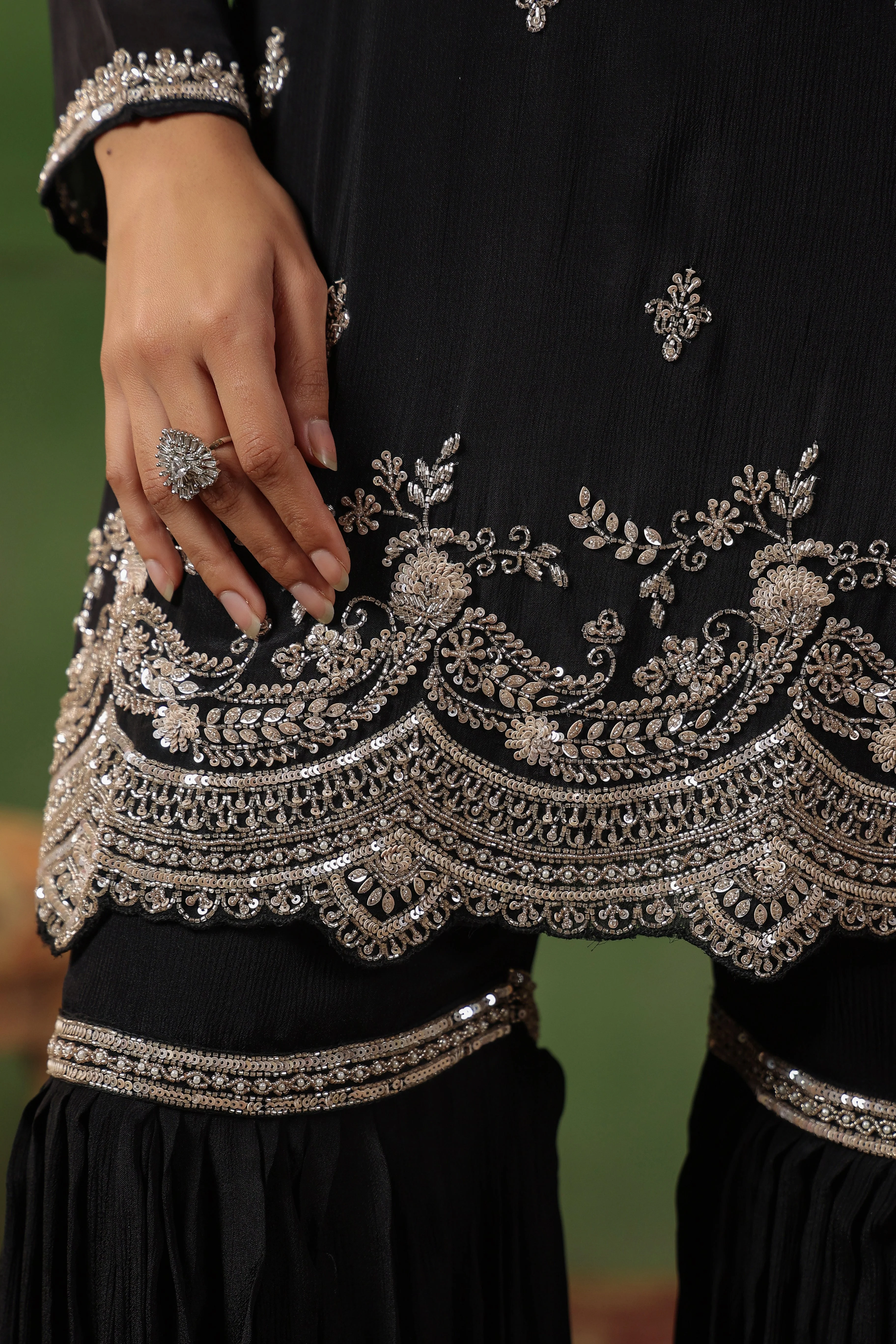 Classic Black Embellished Chinon Silk Sharara Set - Image 8