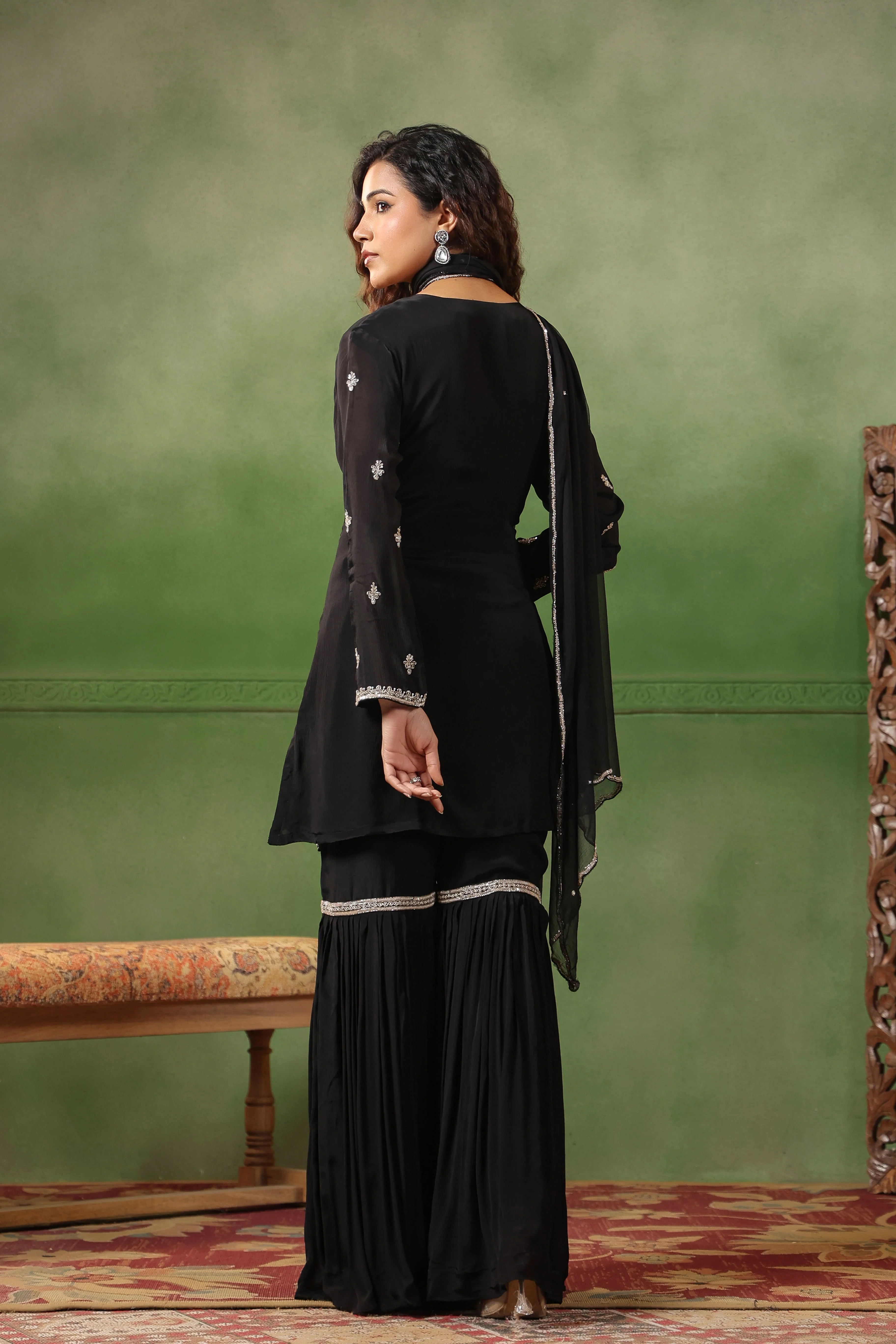 Classic Black Embellished Chinon Silk Sharara Set - Image 9