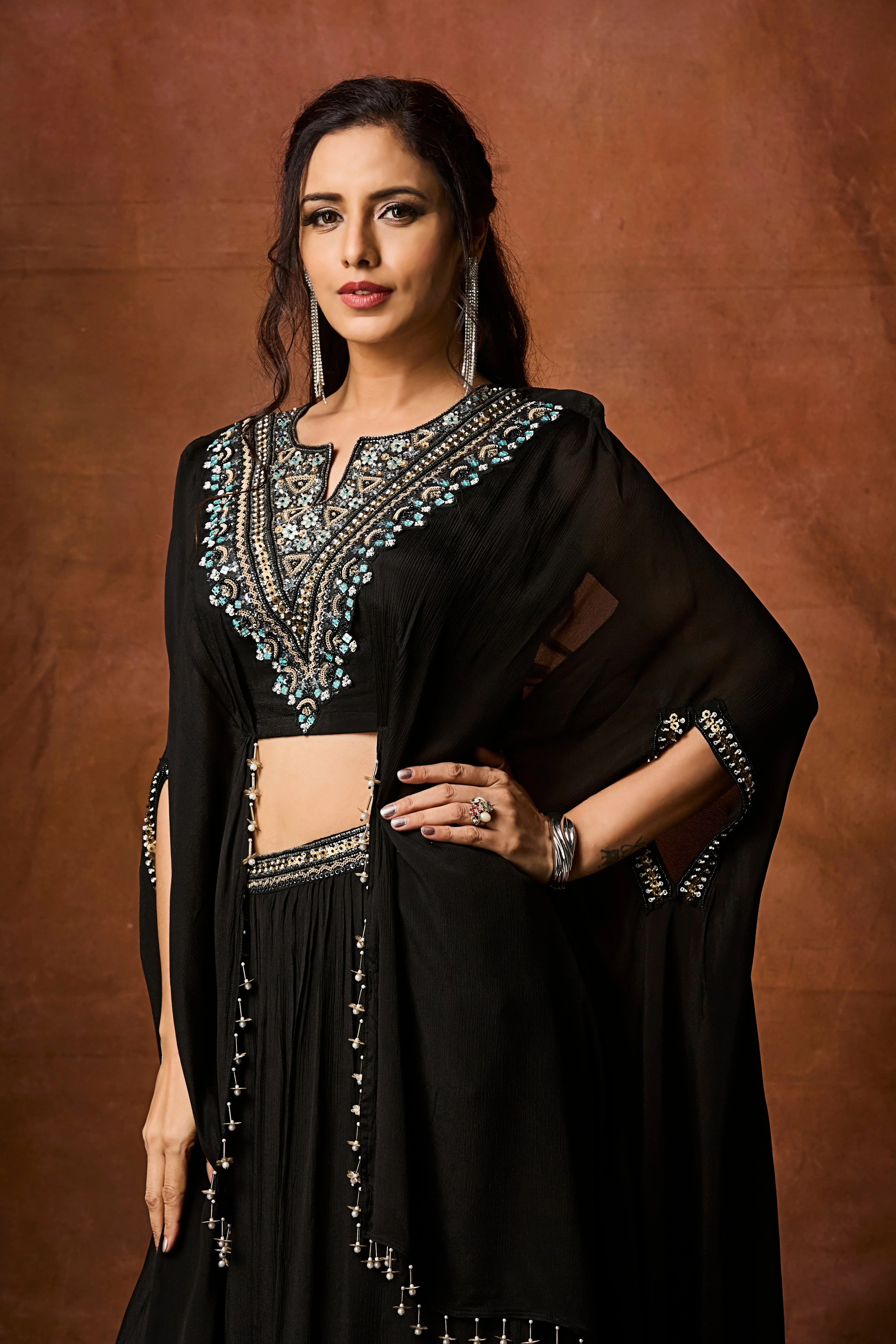Classic Black Embellished Chinon Silk Skirt Set - Image 2