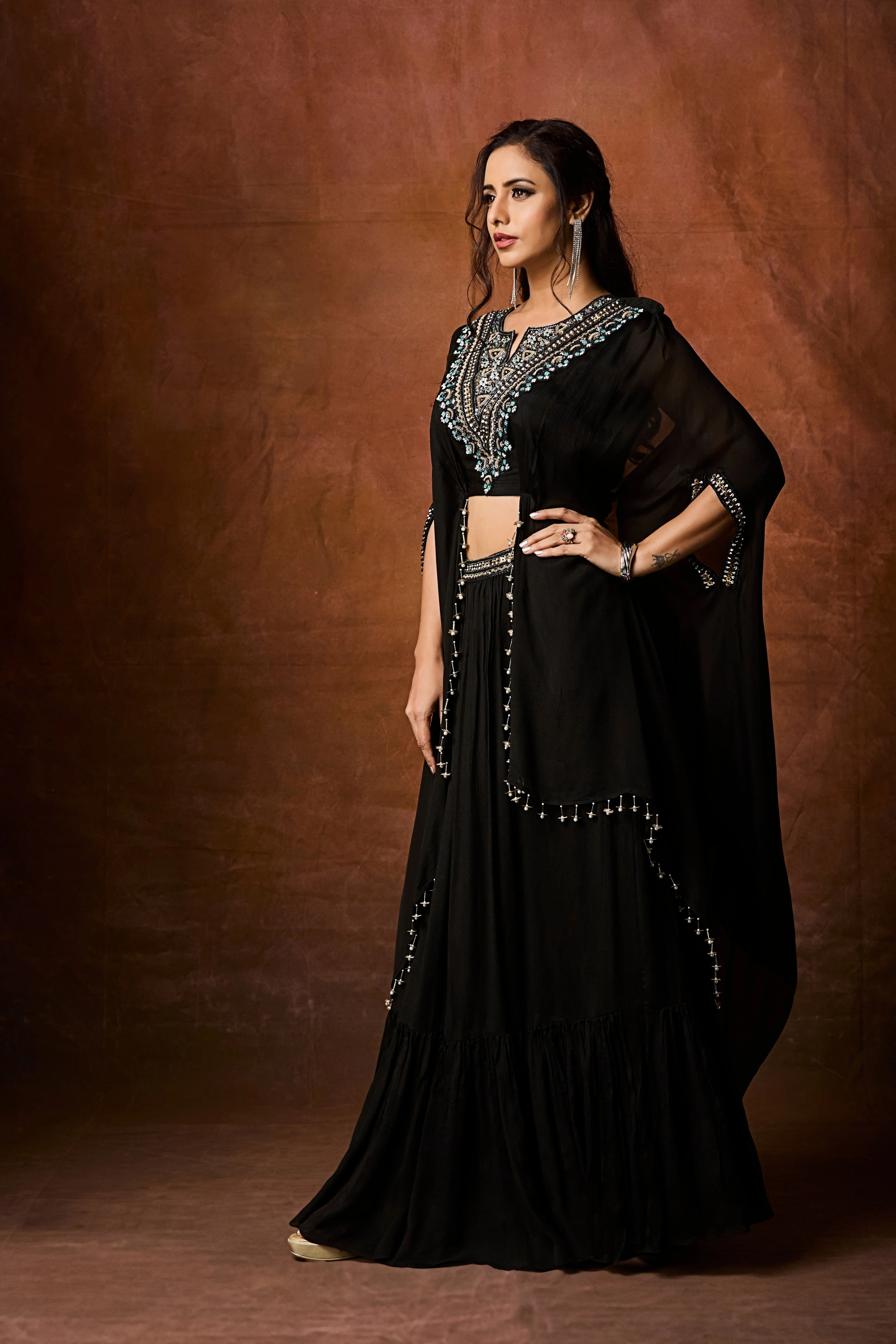 Classic Black Embellished Chinon Silk Skirt Set - Image 3