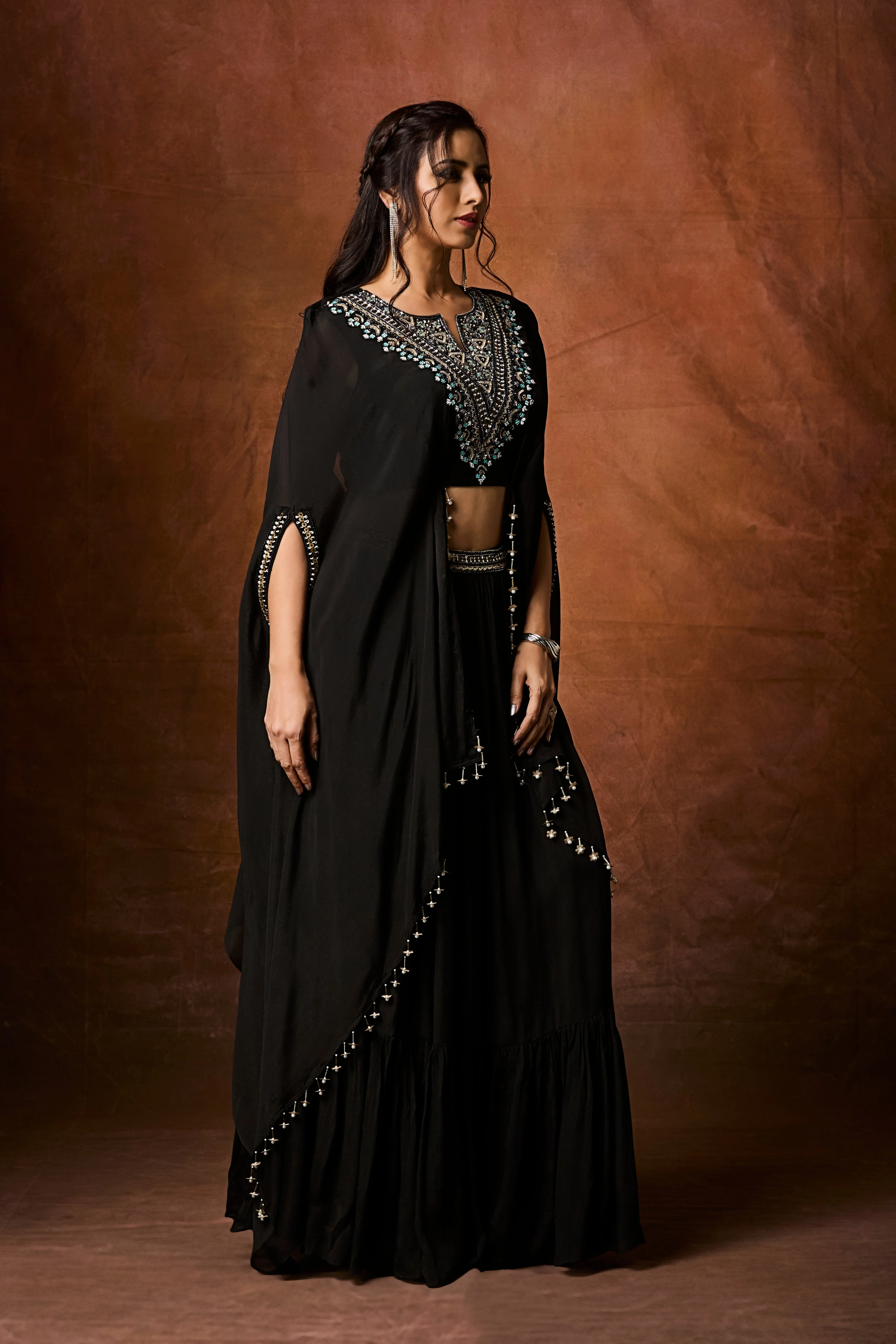 Classic Black Embellished Chinon Silk Skirt Set - Image 4