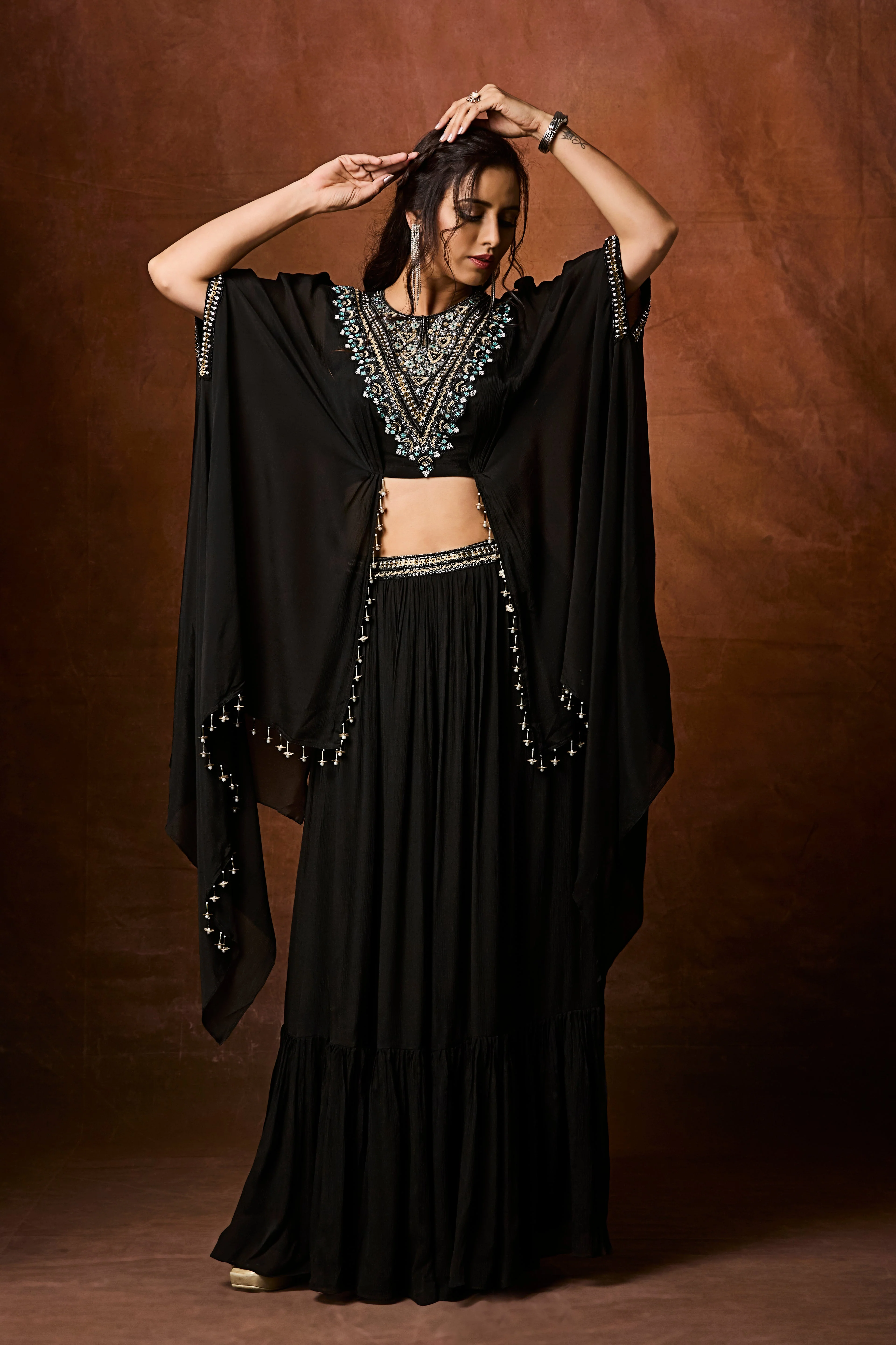 Classic Black Embellished Chinon Silk Skirt Set - Image 5