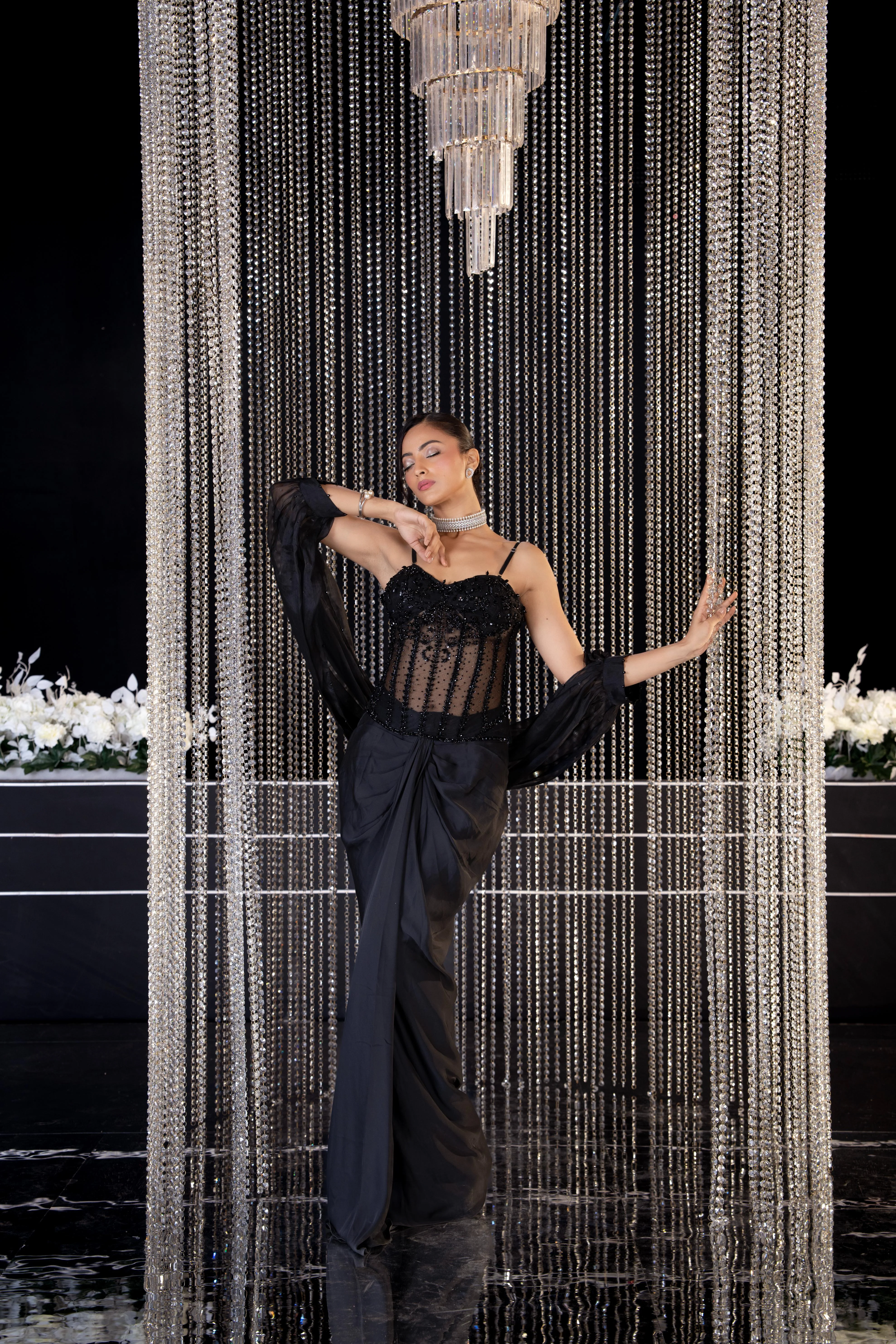 Hot Black Embellished Satin Silk Drape Skirt Set - Image 2