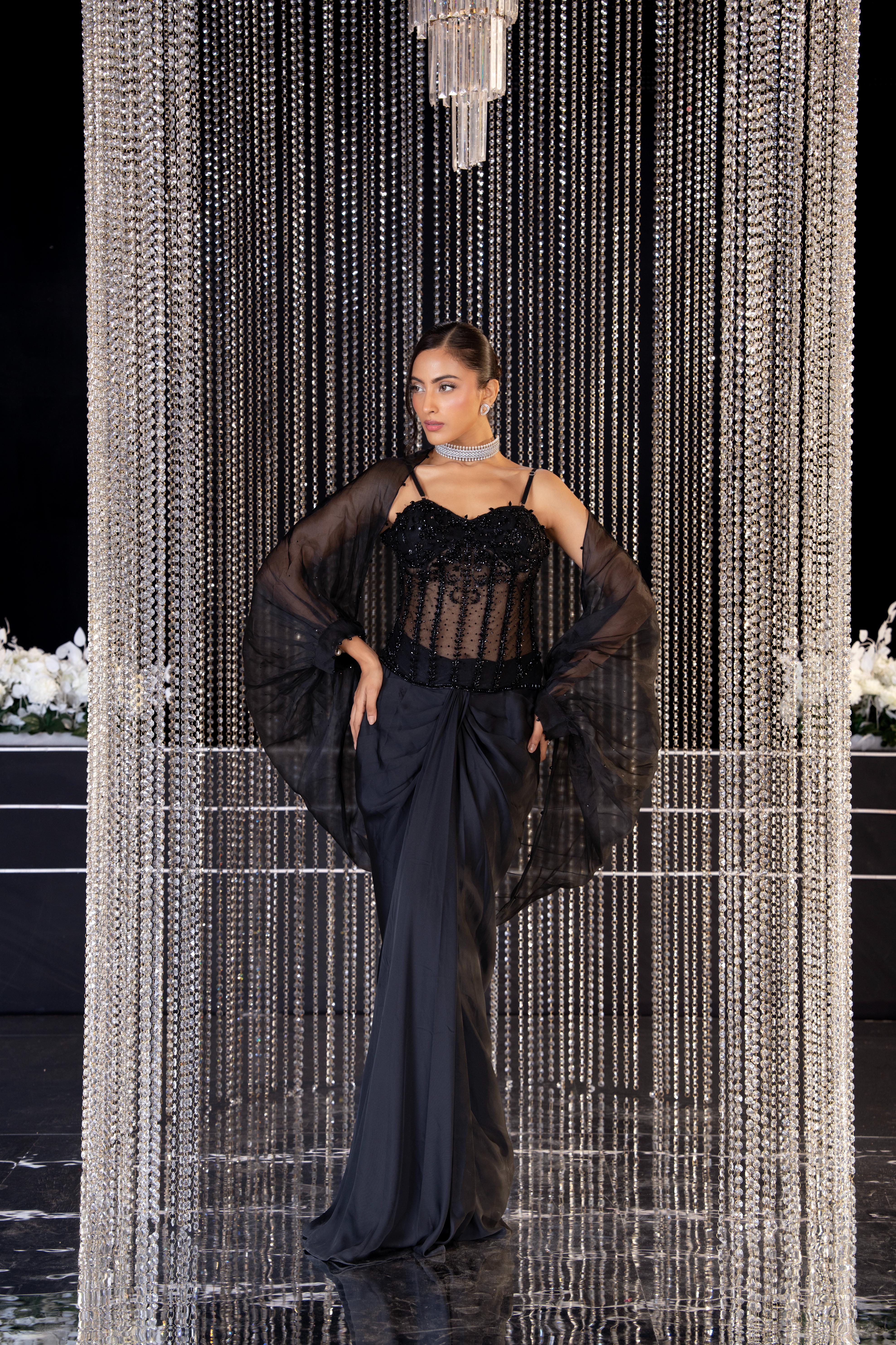 Hot Black Embellished Satin Silk Drape Skirt Set - Image 3