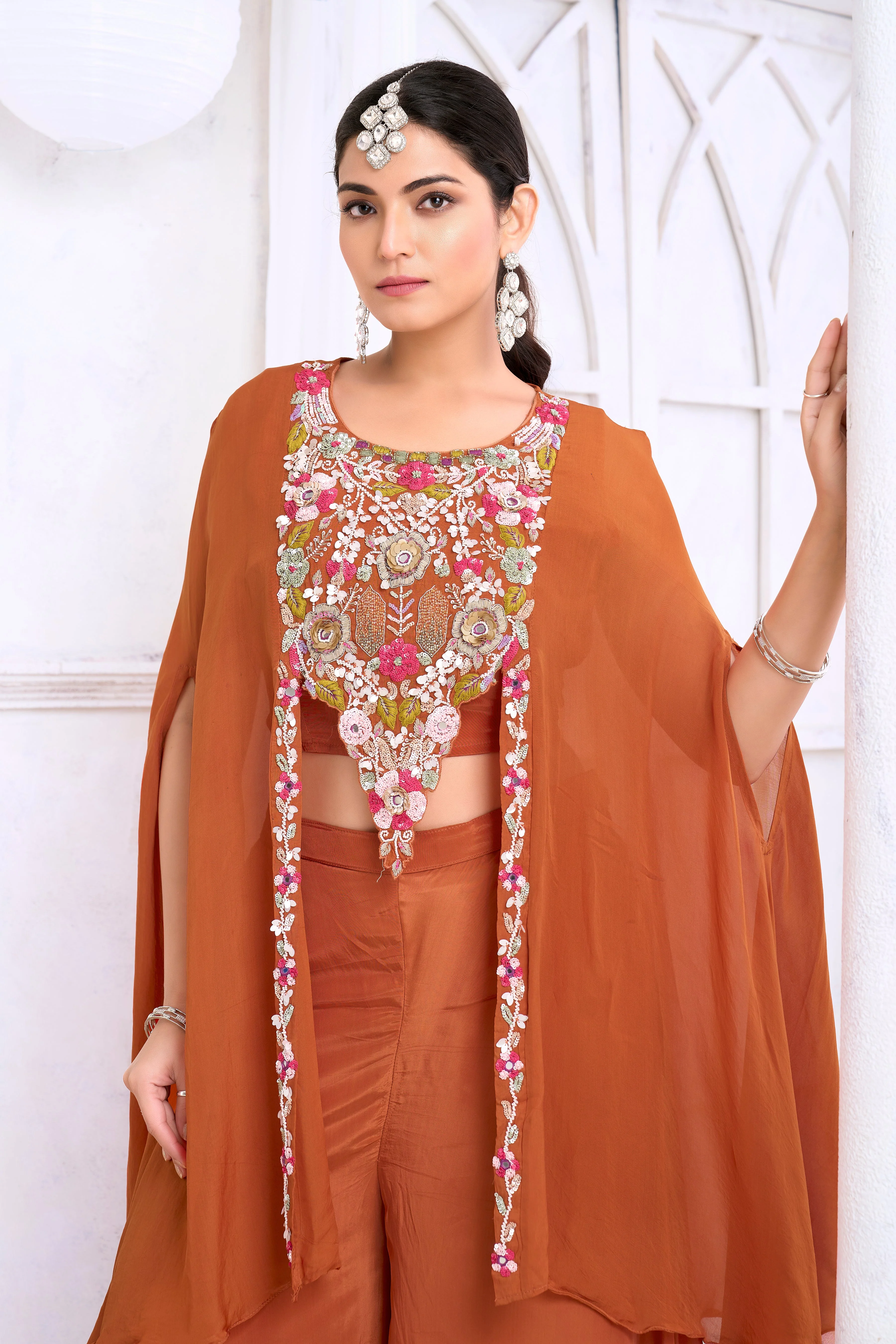 Terracotta Orange Embellished Crepe Silk Palazzo Set - Image 2