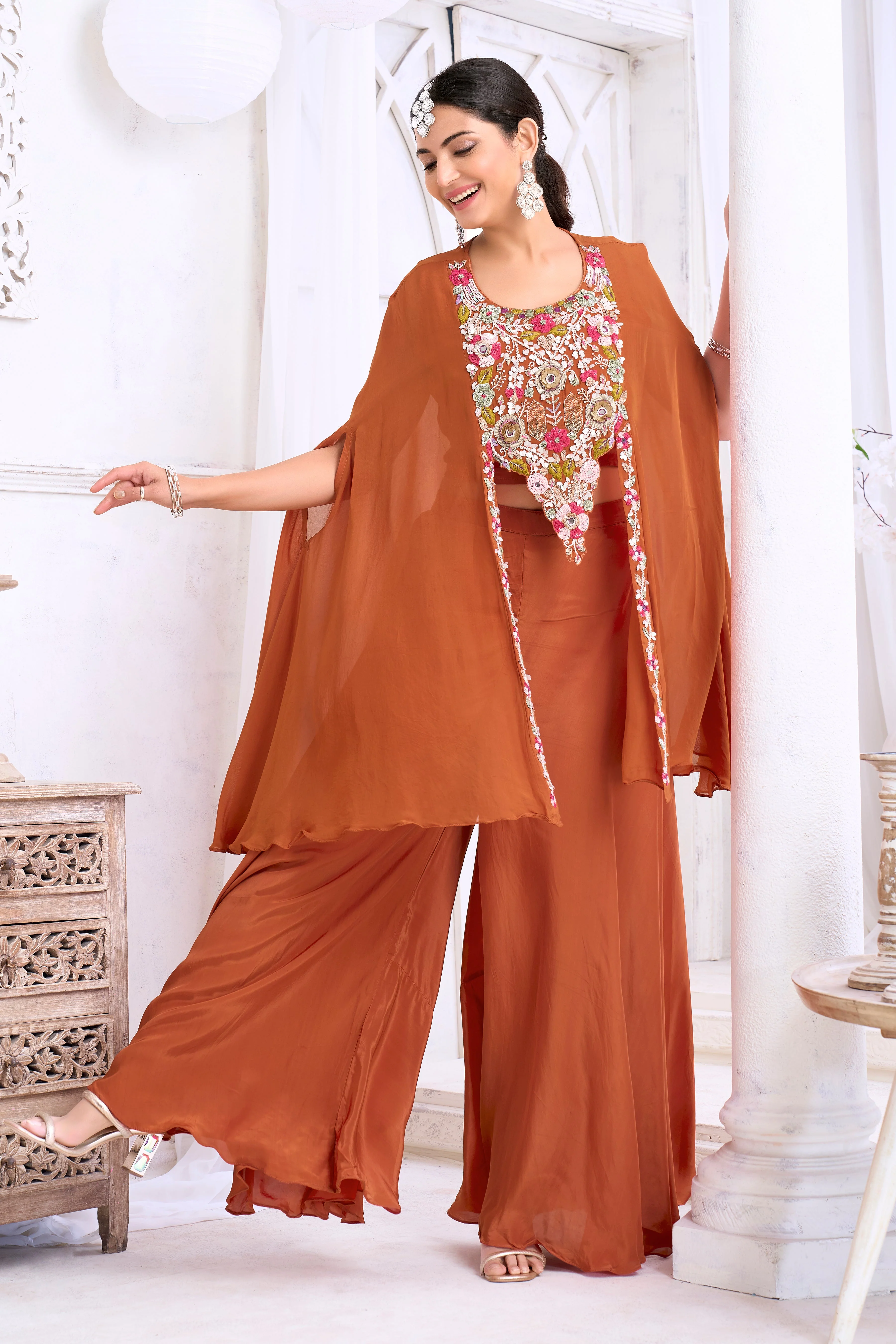 Terracotta Orange Embellished Crepe Silk Palazzo Set - Image 3