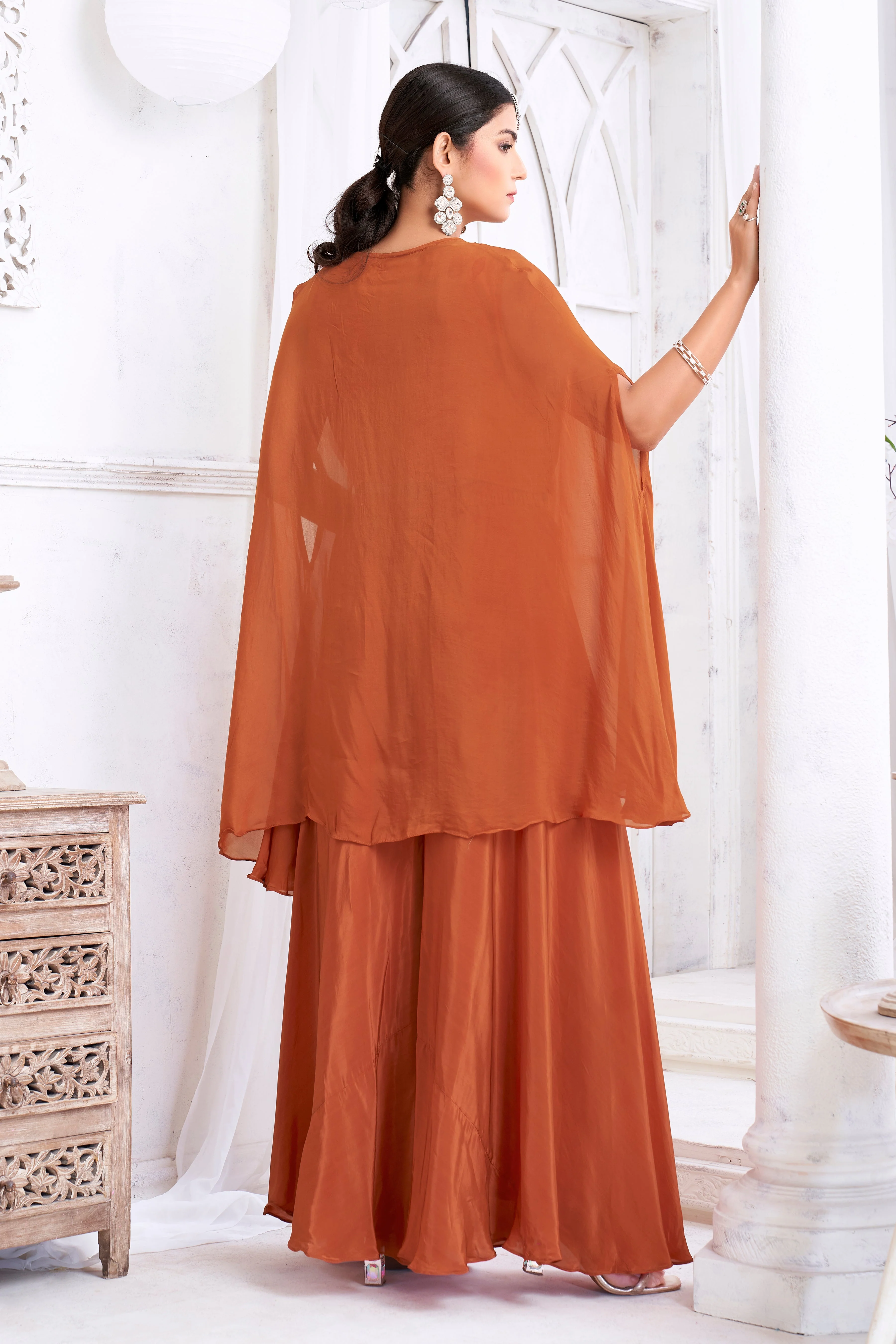 Terracotta Orange Embellished Crepe Silk Palazzo Set - Image 4