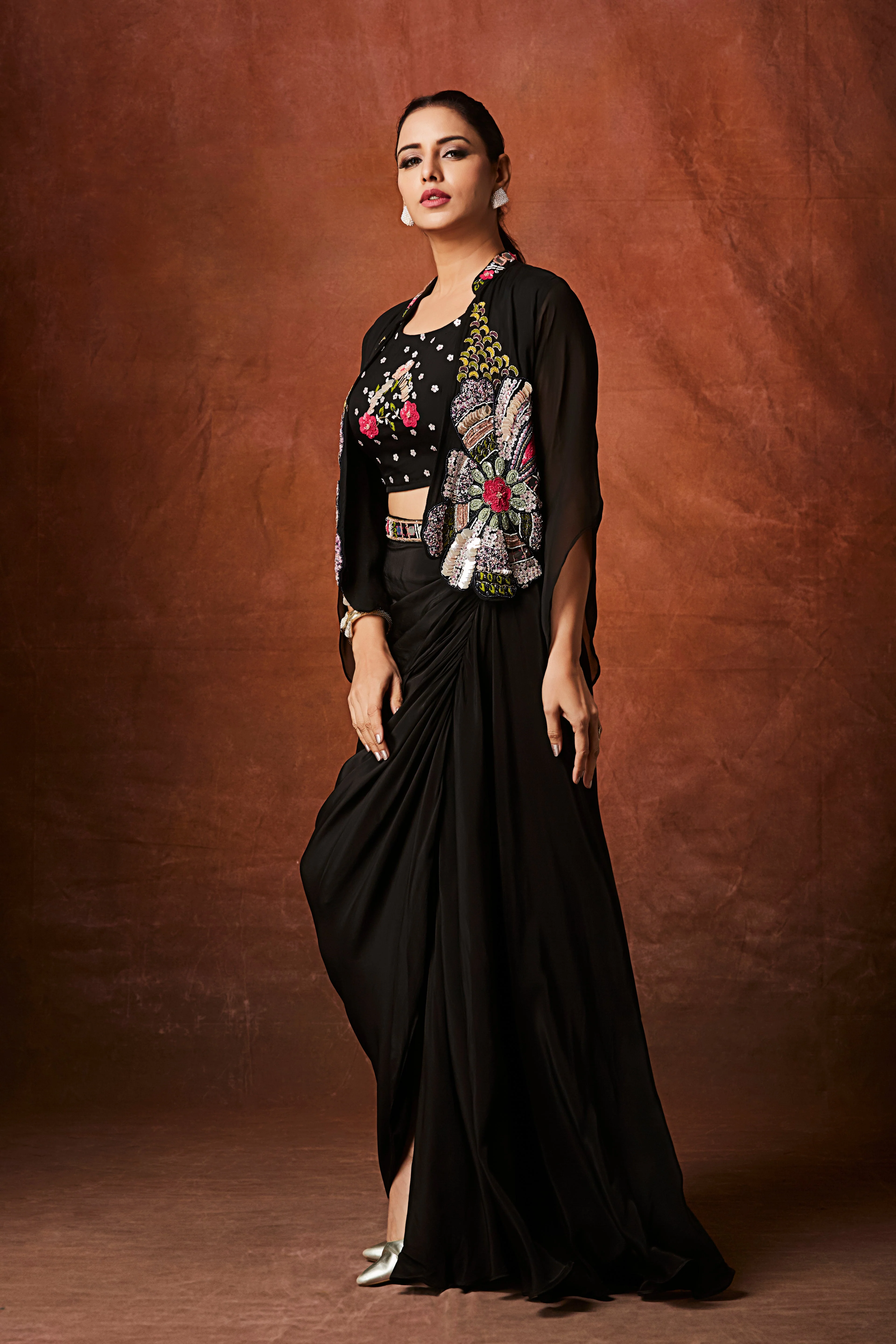 Classic Black Embellished Crepe Silk Skirt Set - Image 3