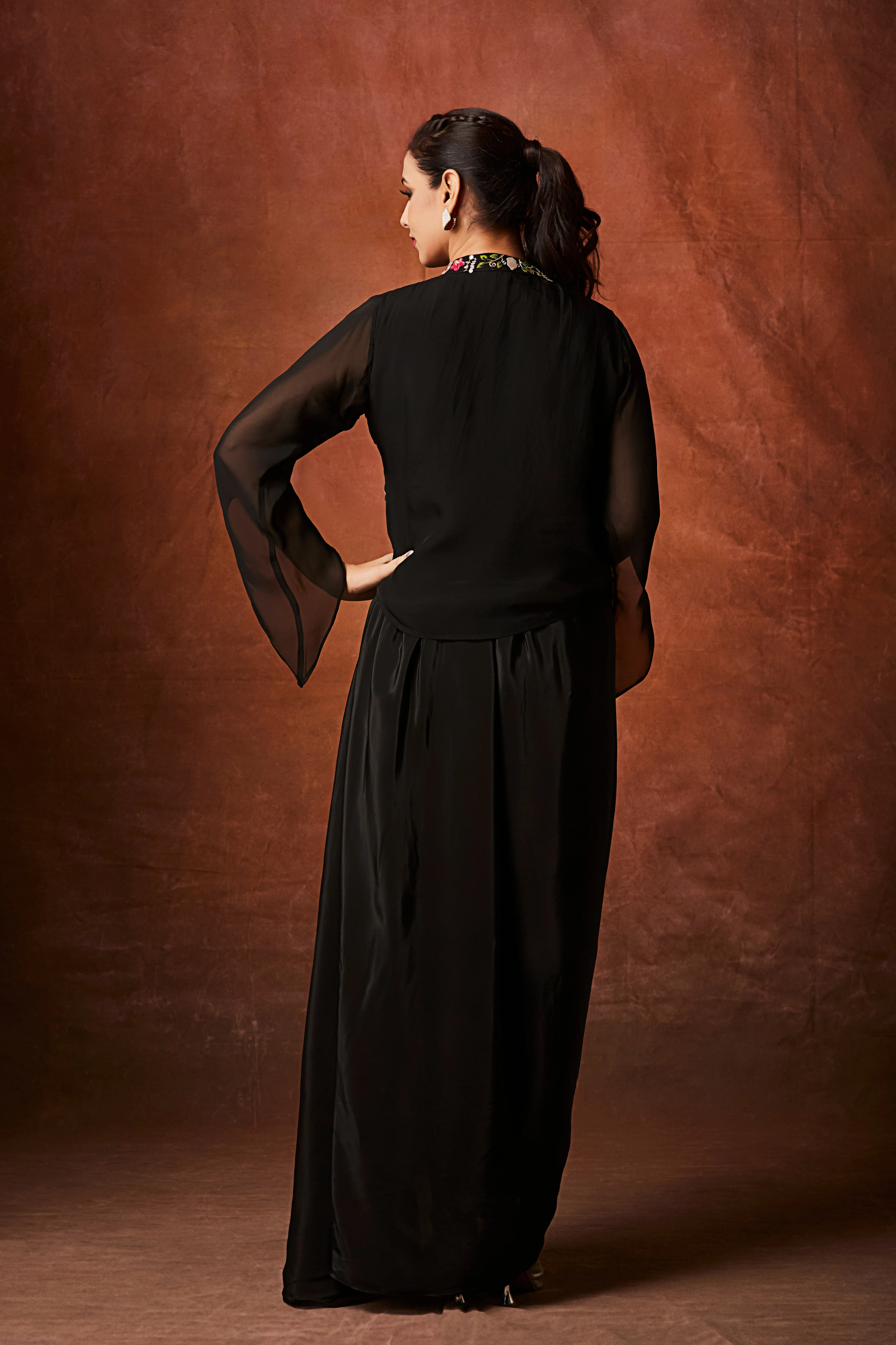 Classic Black Embellished Crepe Silk Skirt Set - Image 5