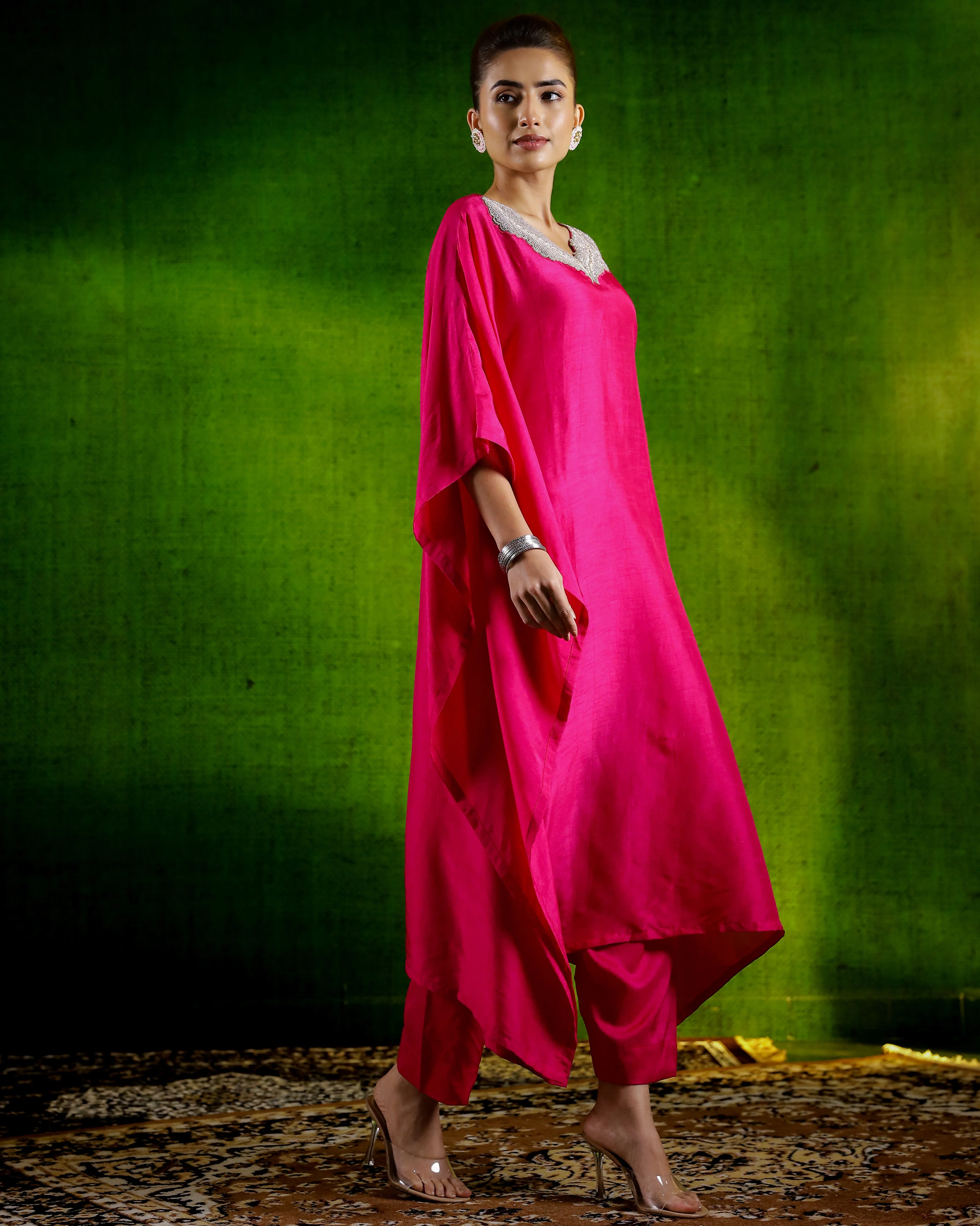 Rani Pink Embellished Premium Silk Kaftan Set - Image 3