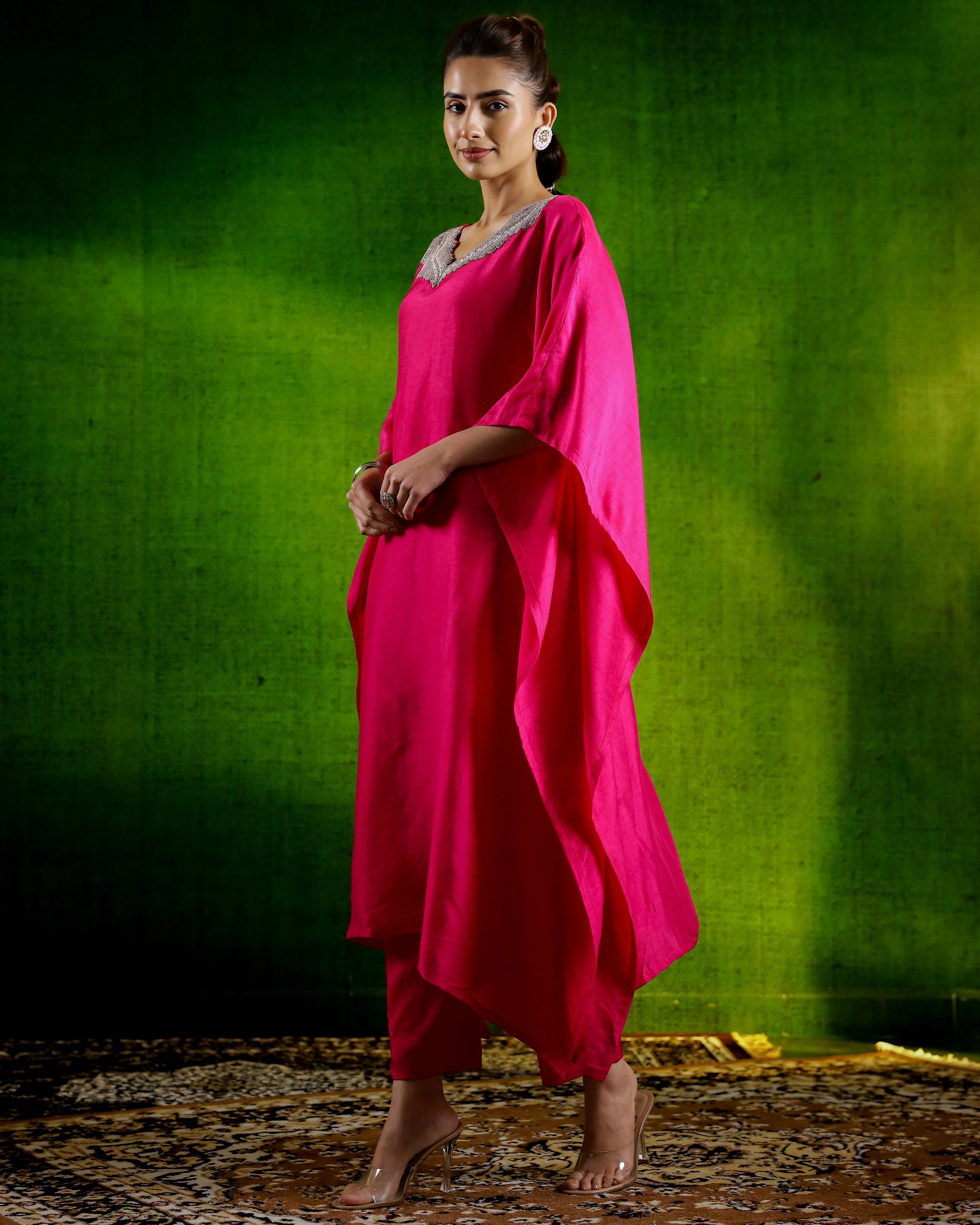 Rani Pink Embellished Premium Silk Kaftan Set - Image 4