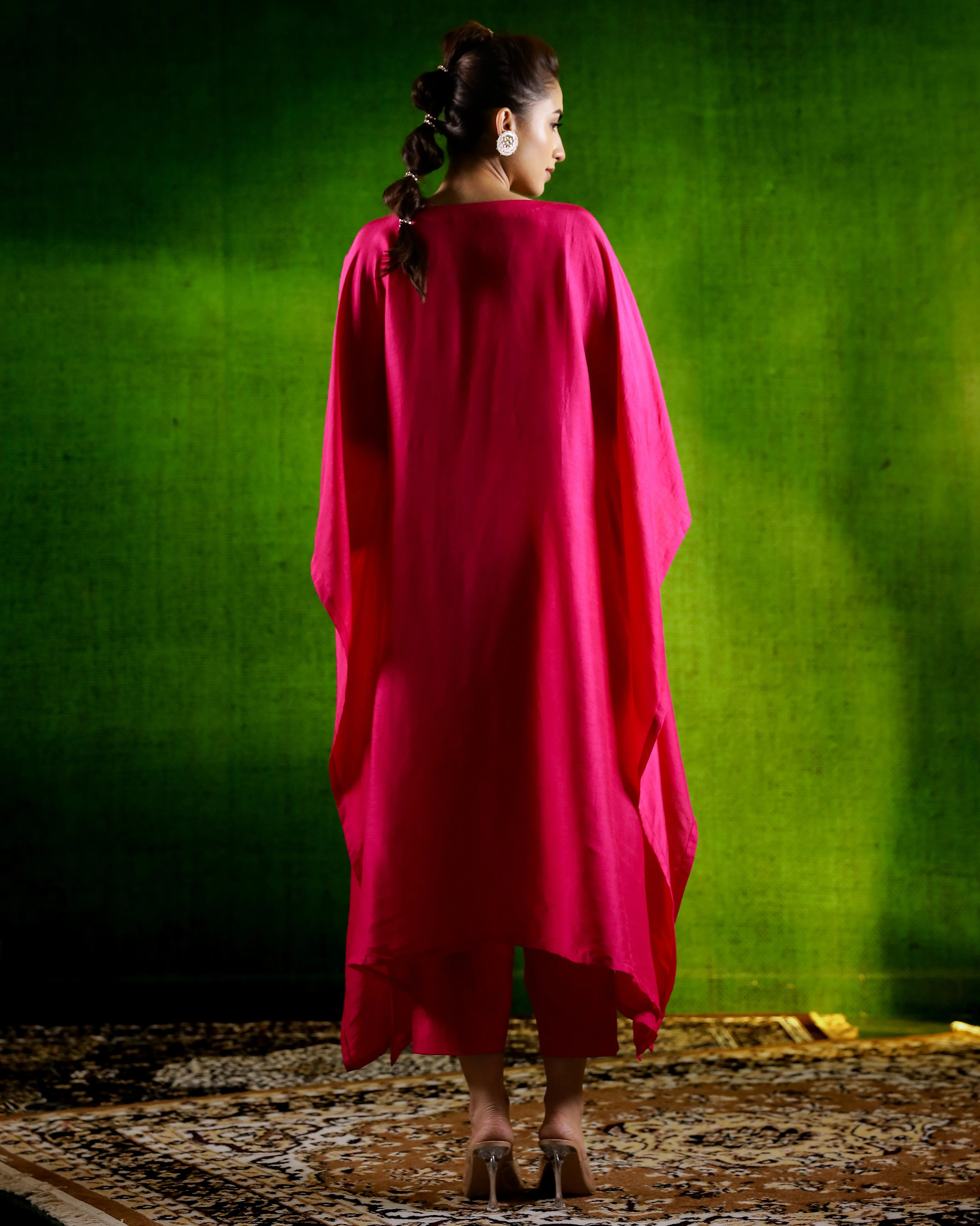 Rani Pink Embellished Premium Silk Kaftan Set - Image 5