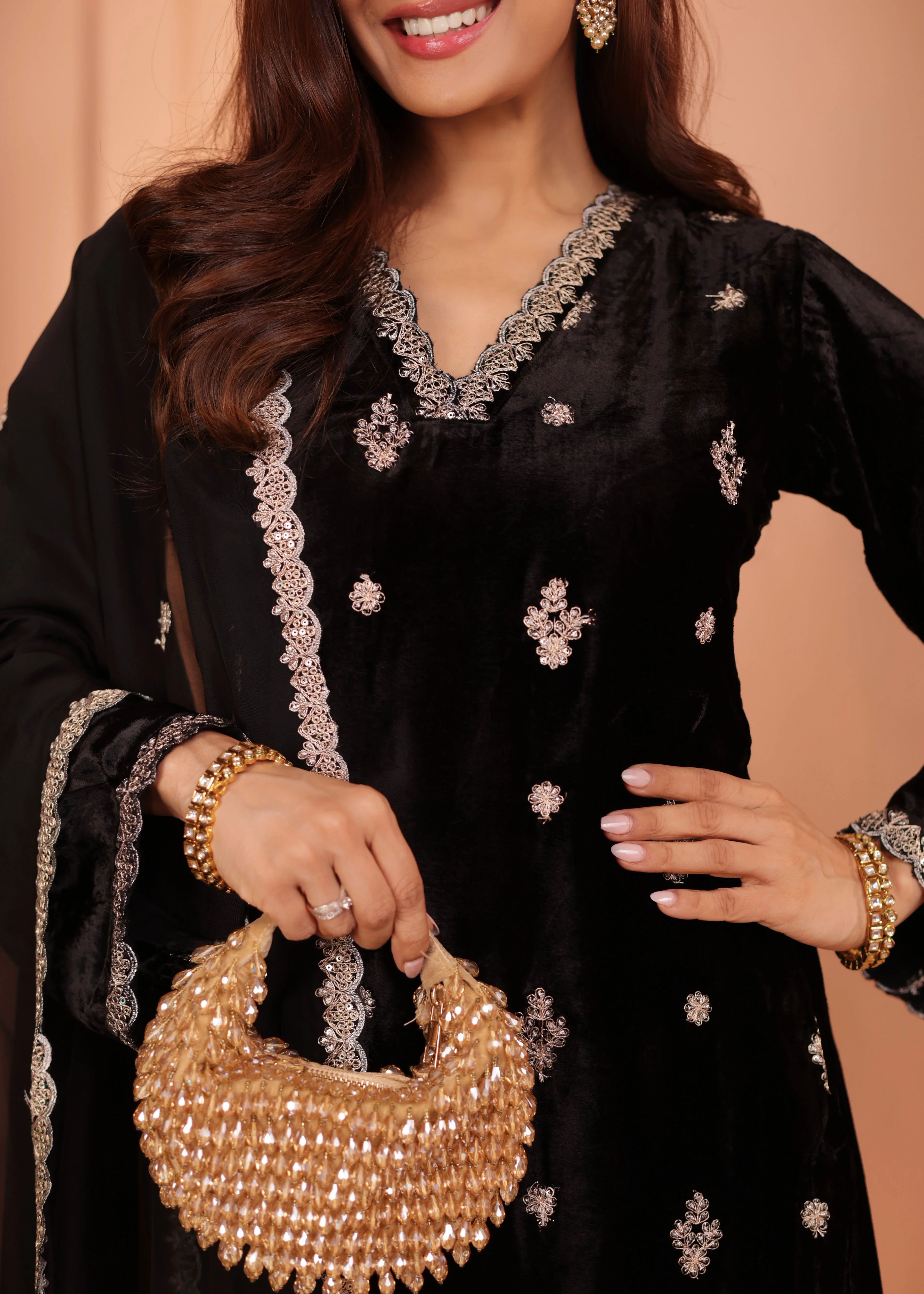 Classic Black Embellished Premium Velvet Pant Set - Image 2