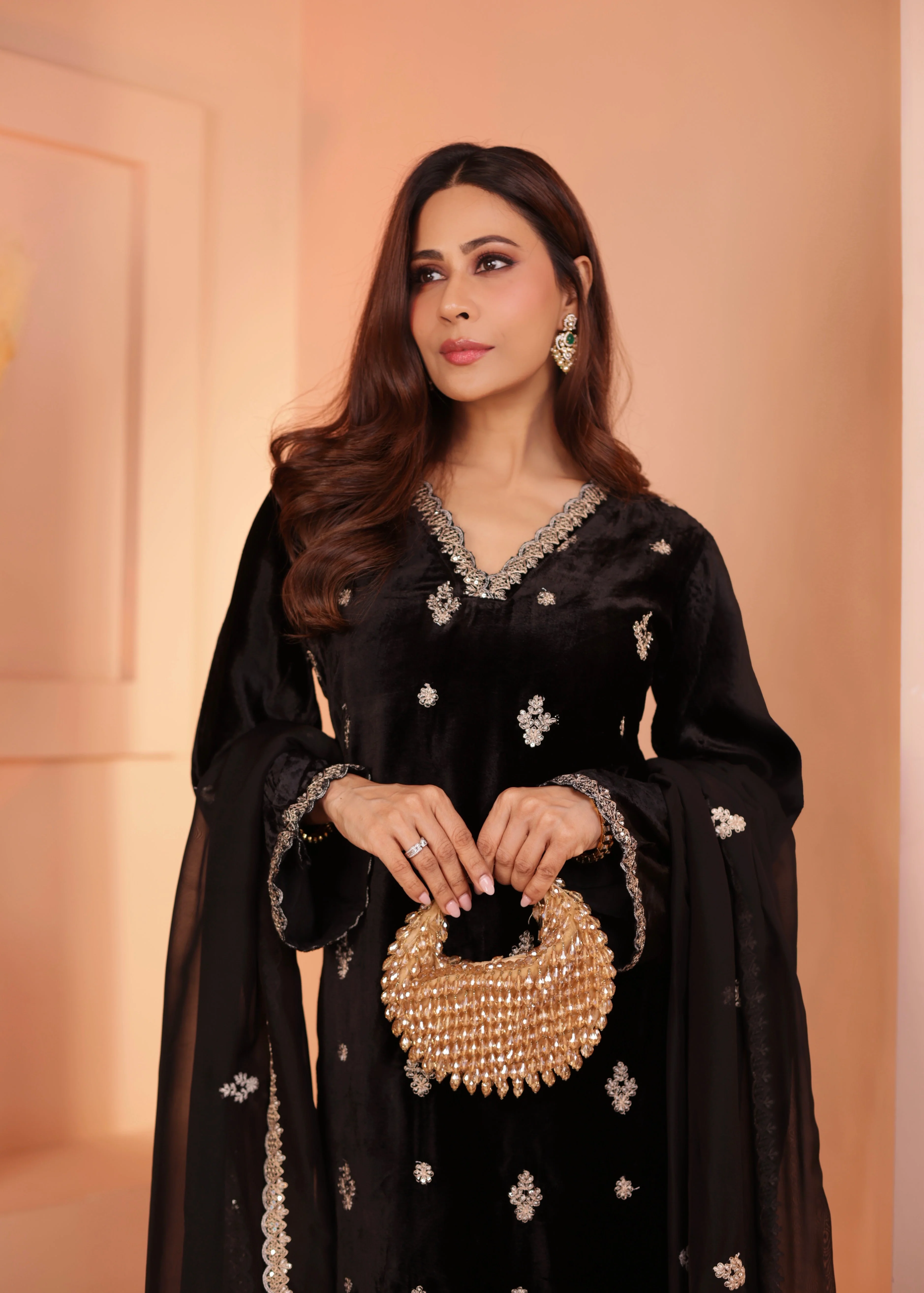 Classic Black Embellished Premium Velvet Pant Set - Image 3