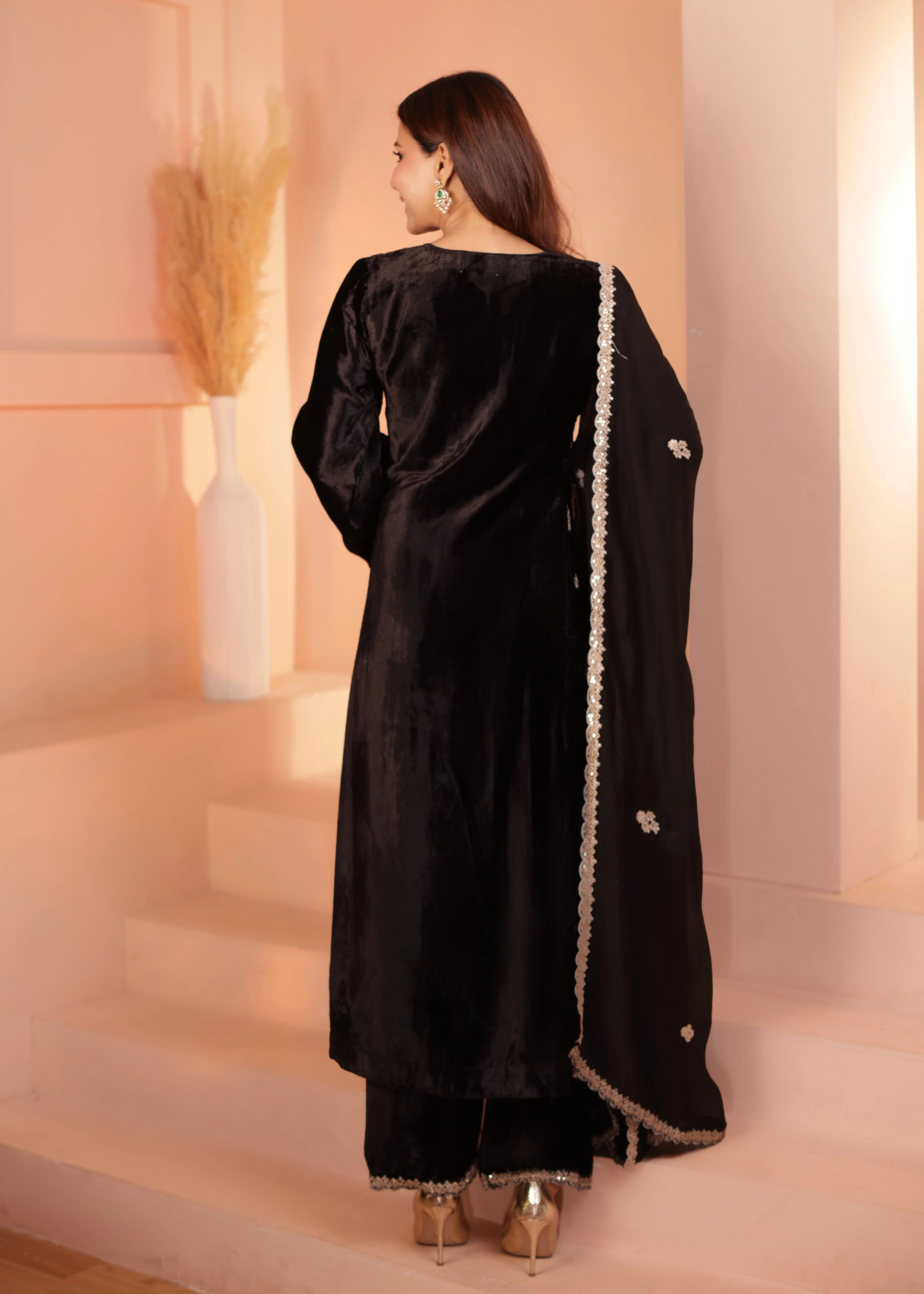 Classic Black Embellished Premium Velvet Pant Set - Image 6