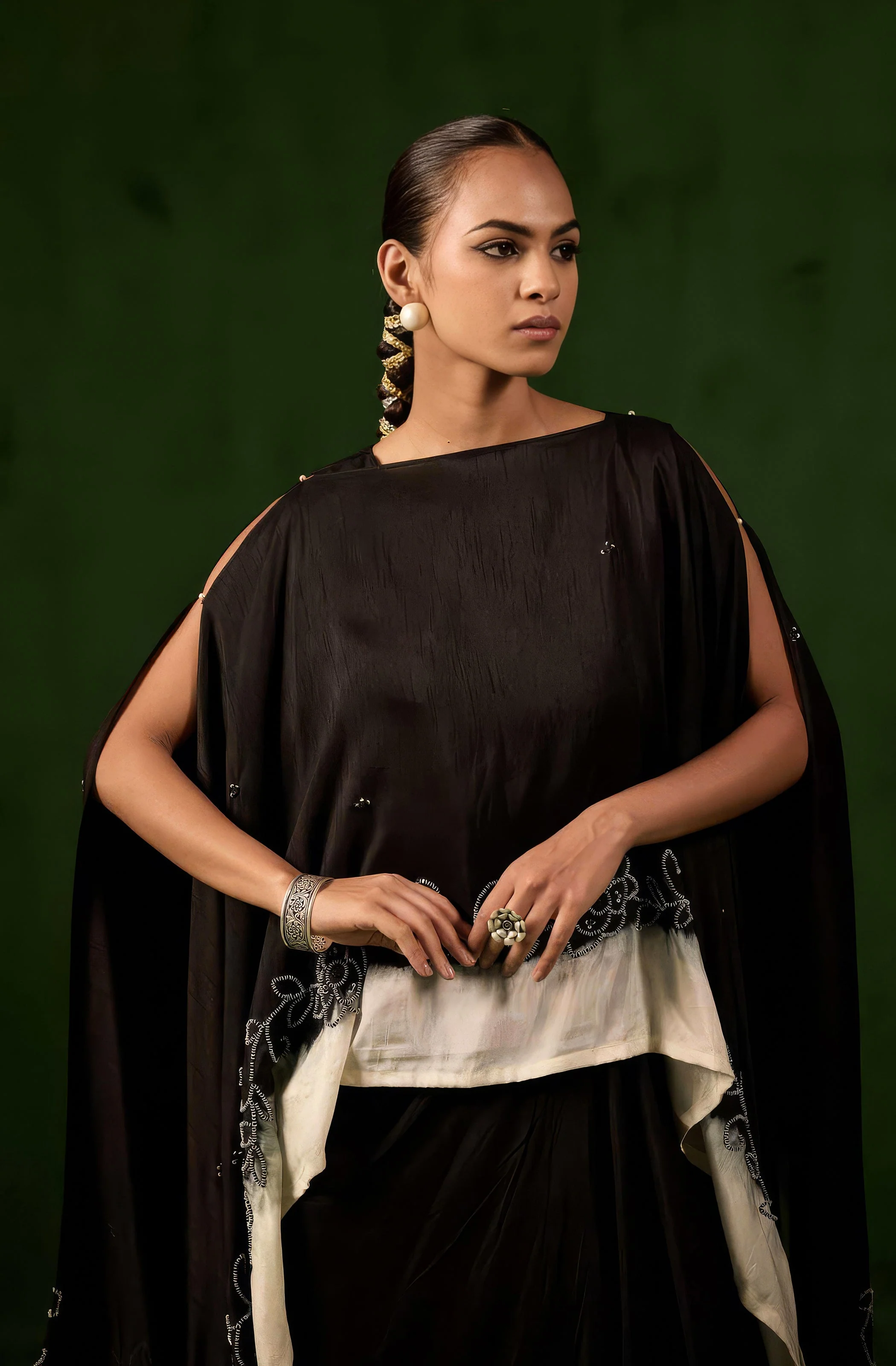 Classic Black Embellished Raw Silk Gown - Image 2