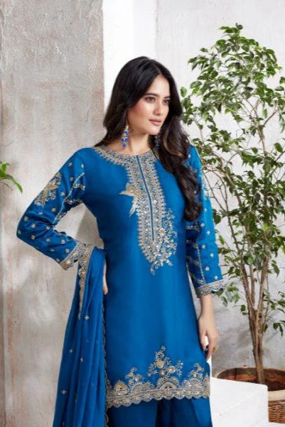 Deep Blue Embellished Satin Silk Dhoti Set - Image 2