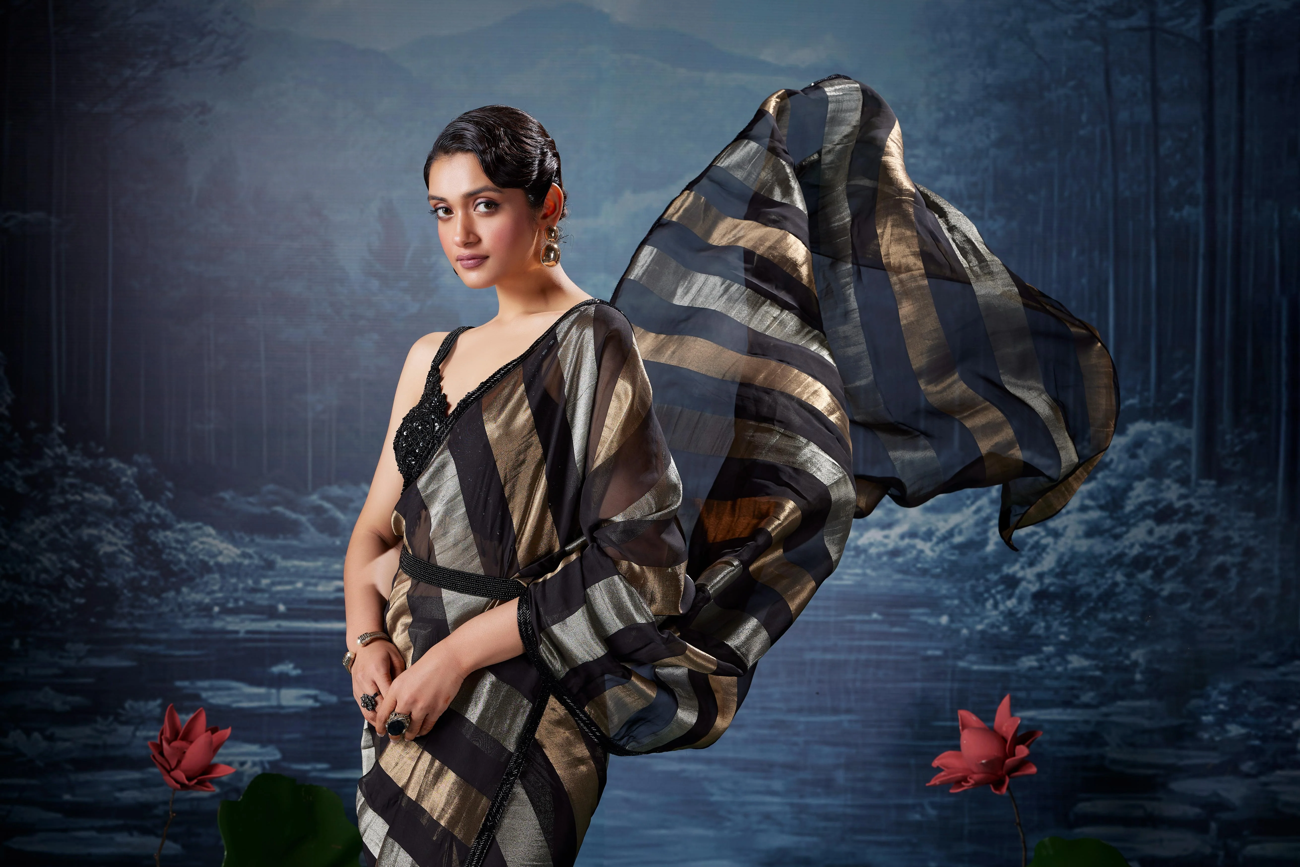 Charcoal Black Embellished Shimmer Tissue Silk Saree - Image 2