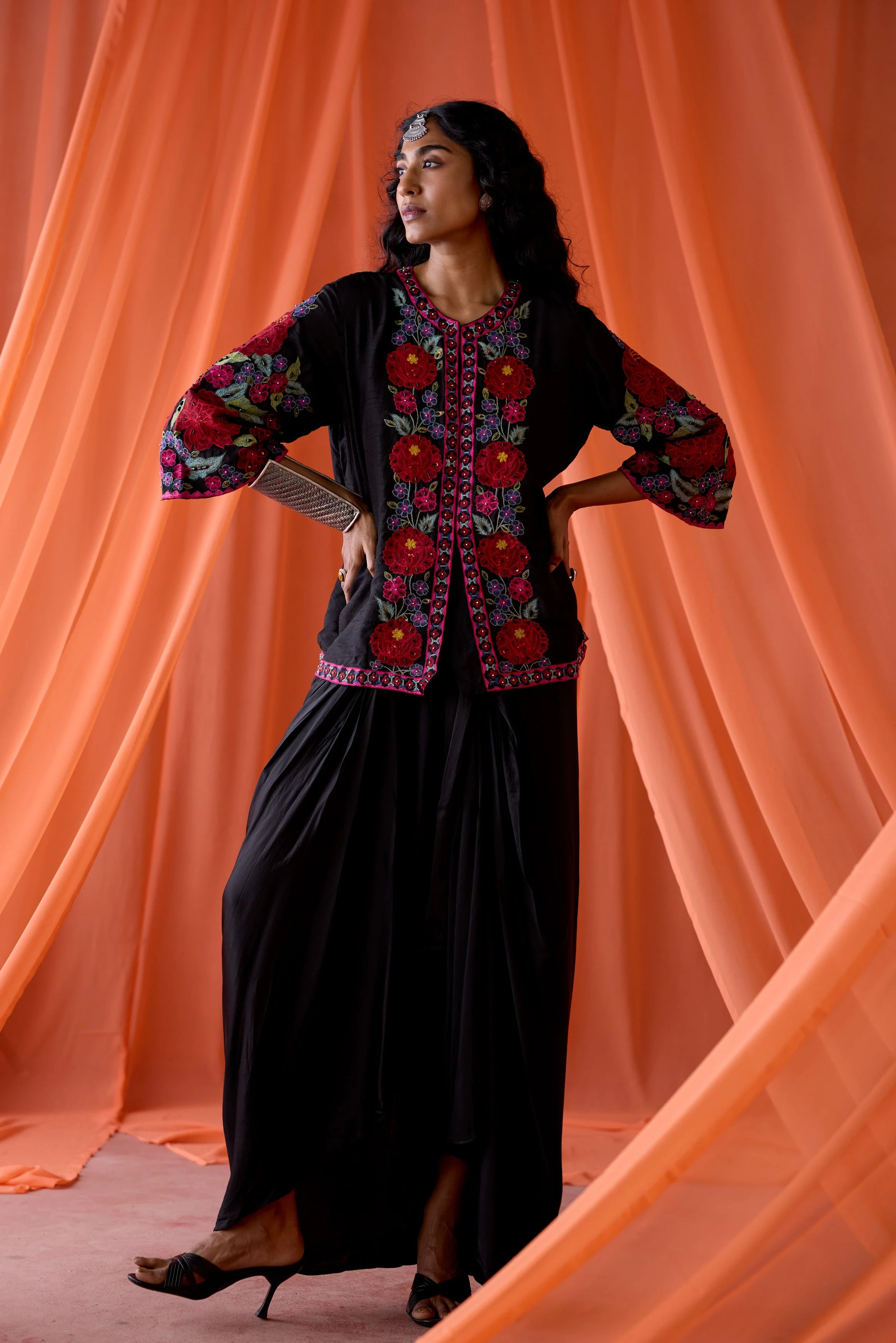 Classic Black Embellished Satin Silk Skirt Set - Image 4