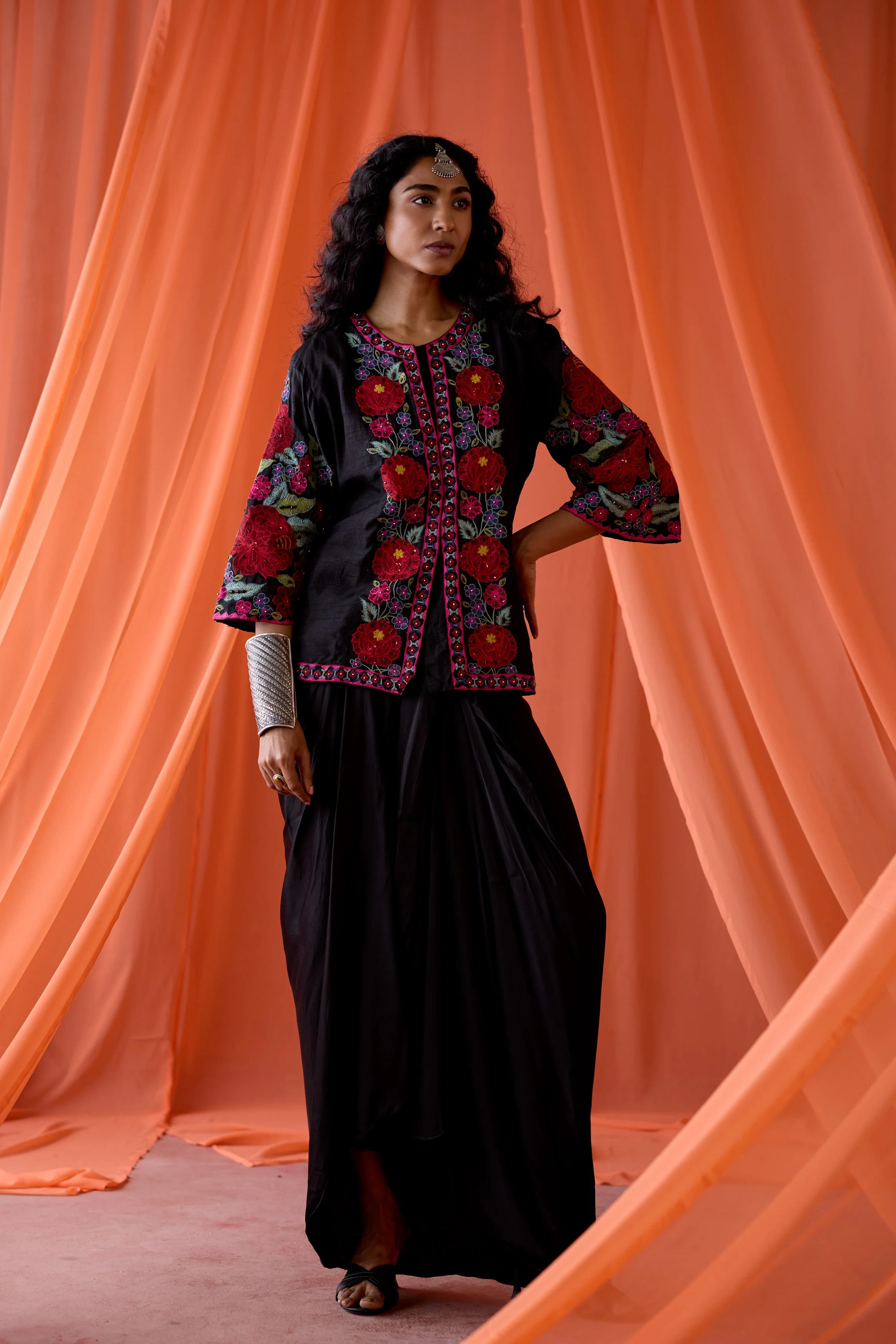 Classic Black Embellished Satin Silk Skirt Set - Image 5