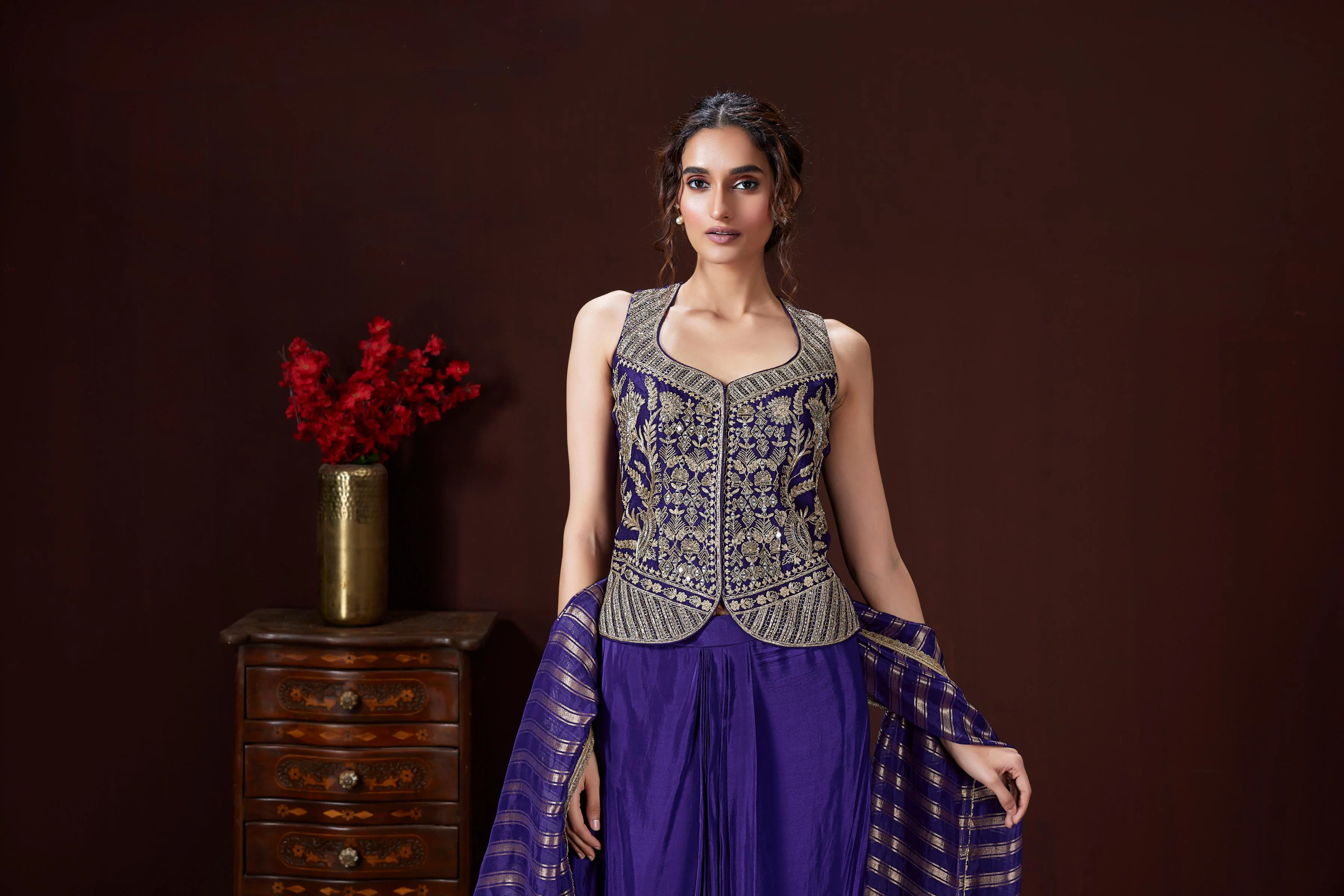 Vibrant Purple Embellished Crepe Silk Skirt Set - Image 2