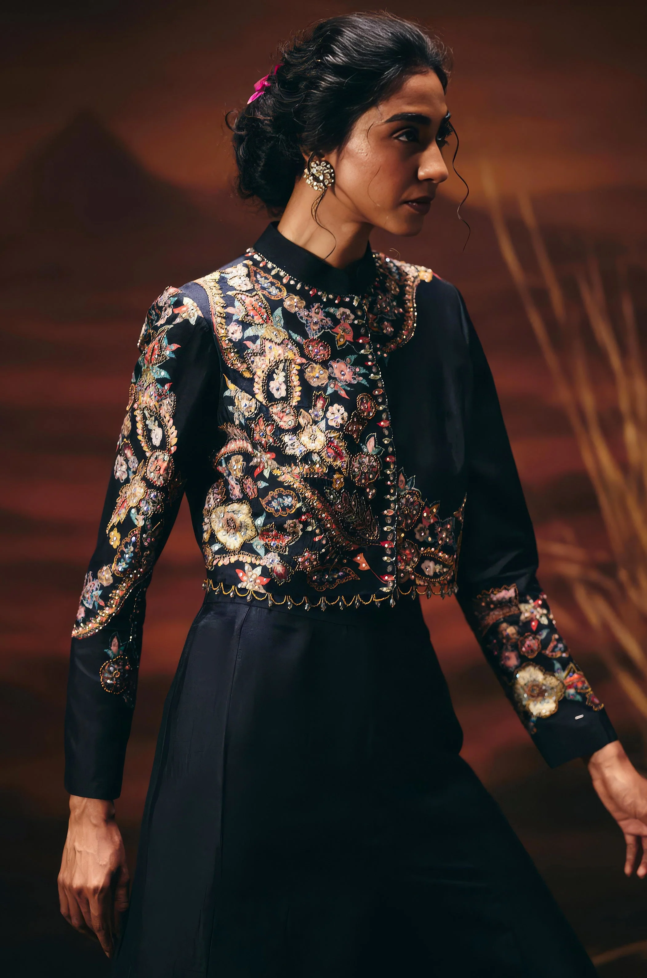 Classic Black Embellished Raw Silk Palazzo Set - Image 3