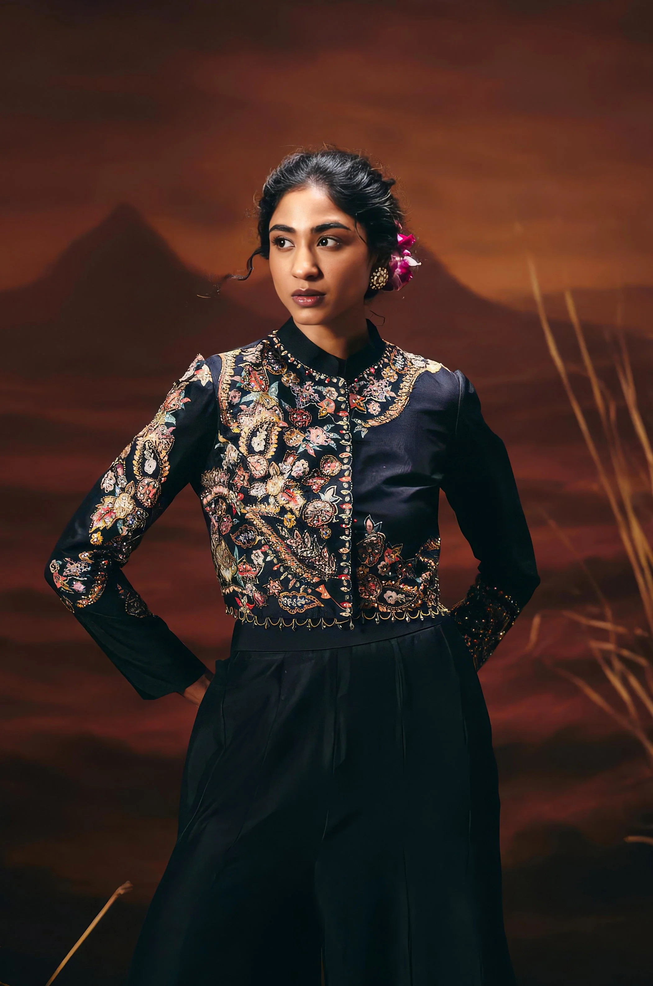 Classic Black Embellished Raw Silk Palazzo Set - Image 4