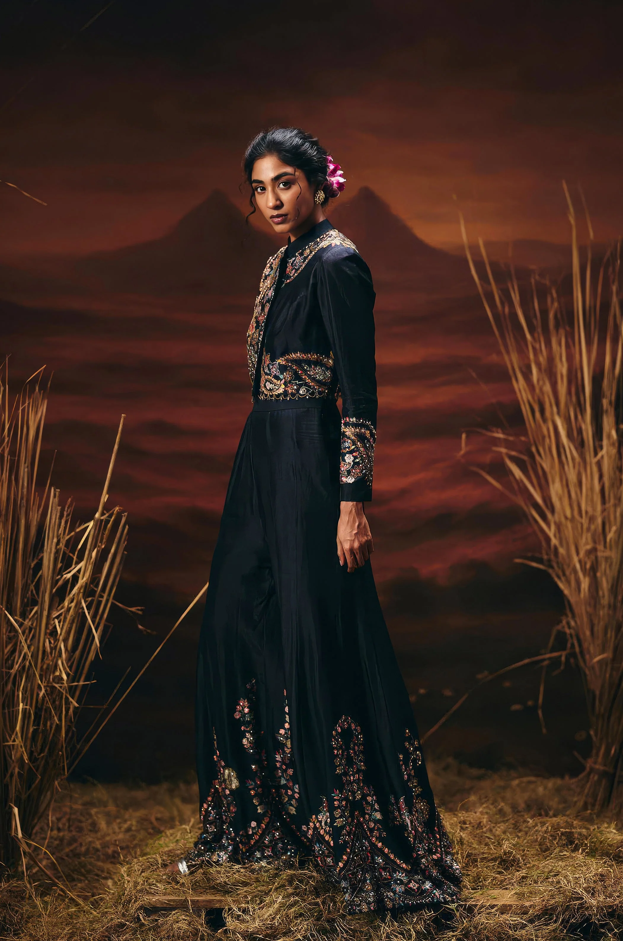 Classic Black Embellished Raw Silk Palazzo Set - Image 5