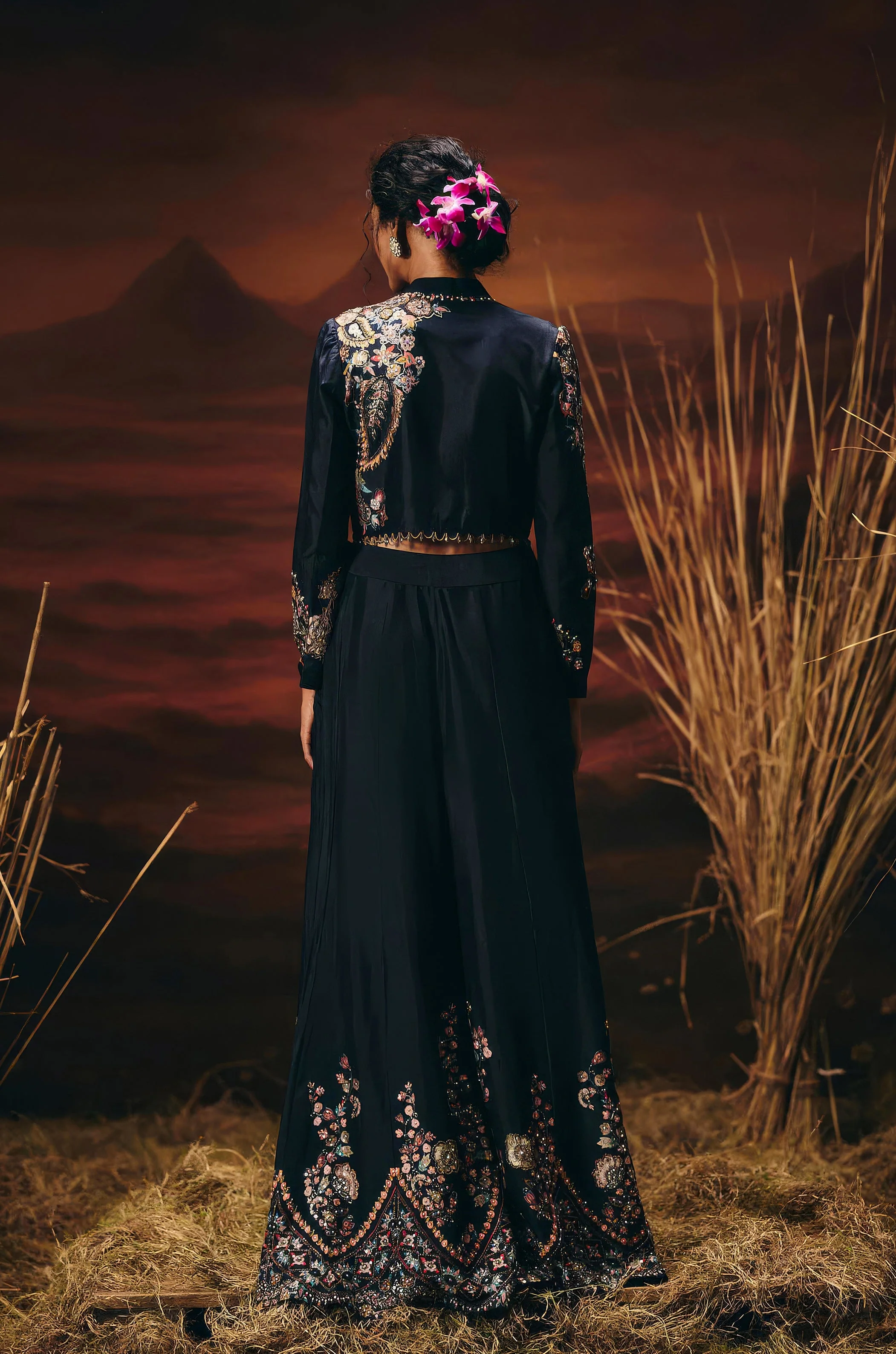 Classic Black Embellished Raw Silk Palazzo Set - Image 6