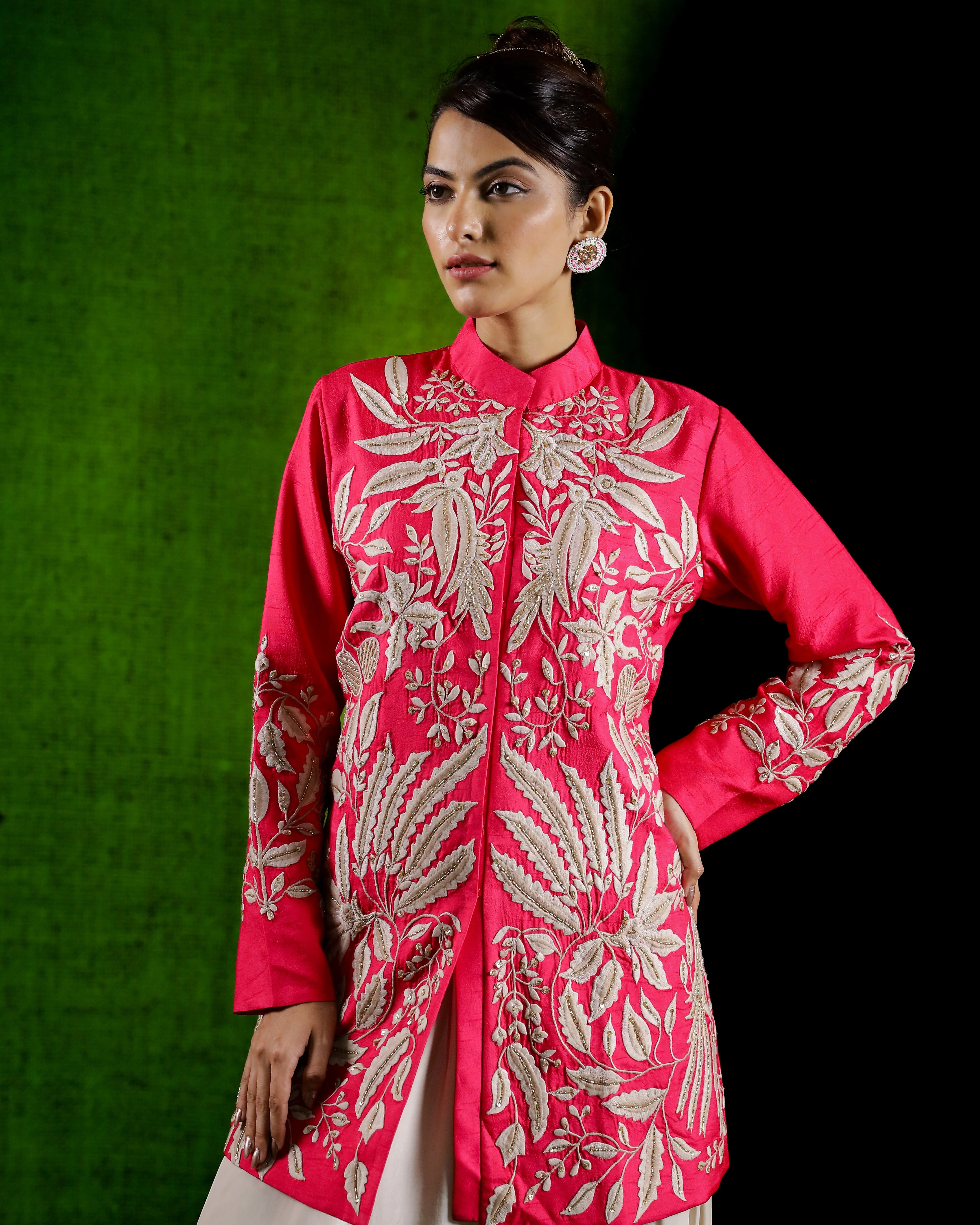 Rani Pink Embroidered Raw Silk Jacket with Cowl Pants - Image 2