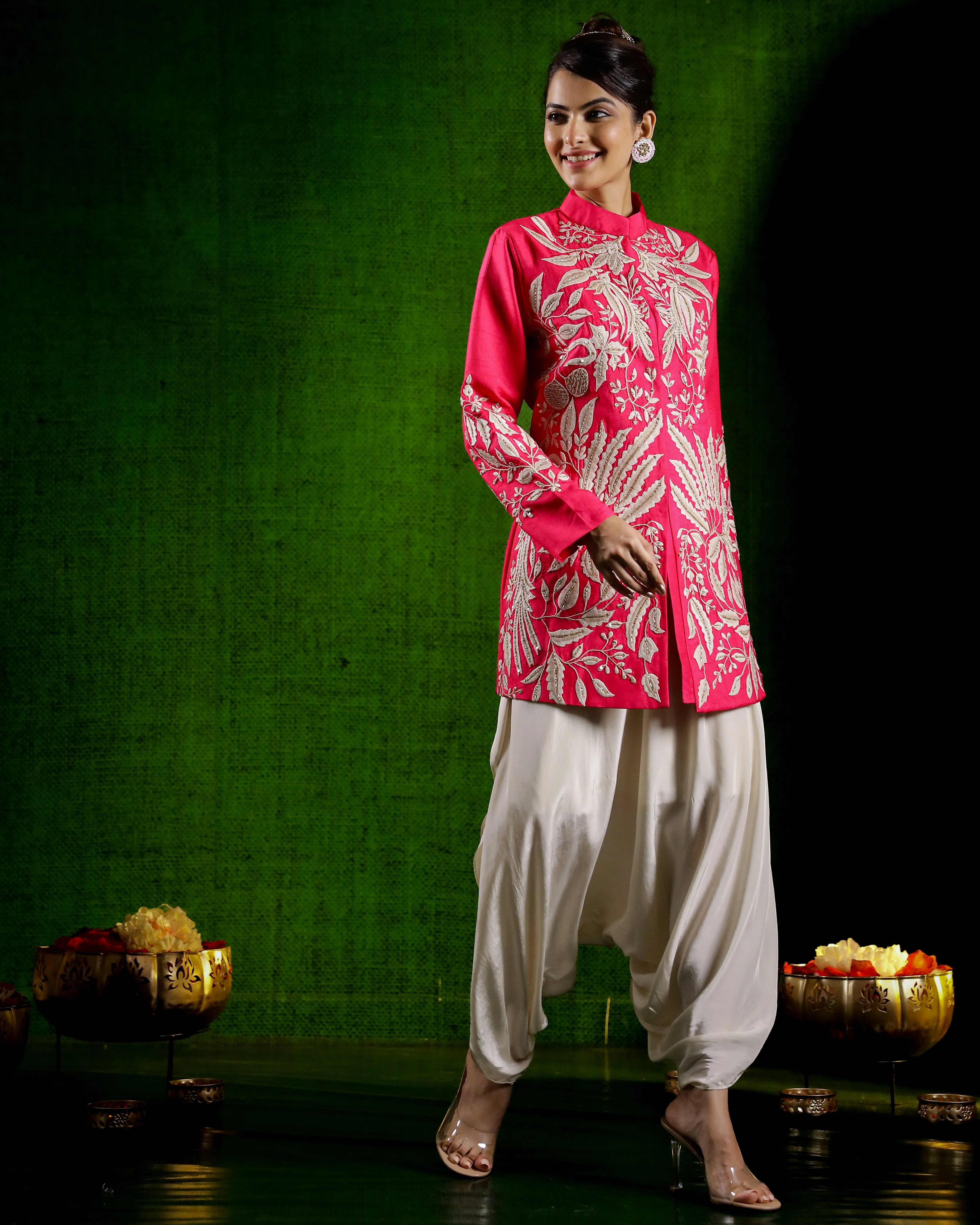 Rani Pink Embroidered Raw Silk Jacket with Cowl Pants - Image 3