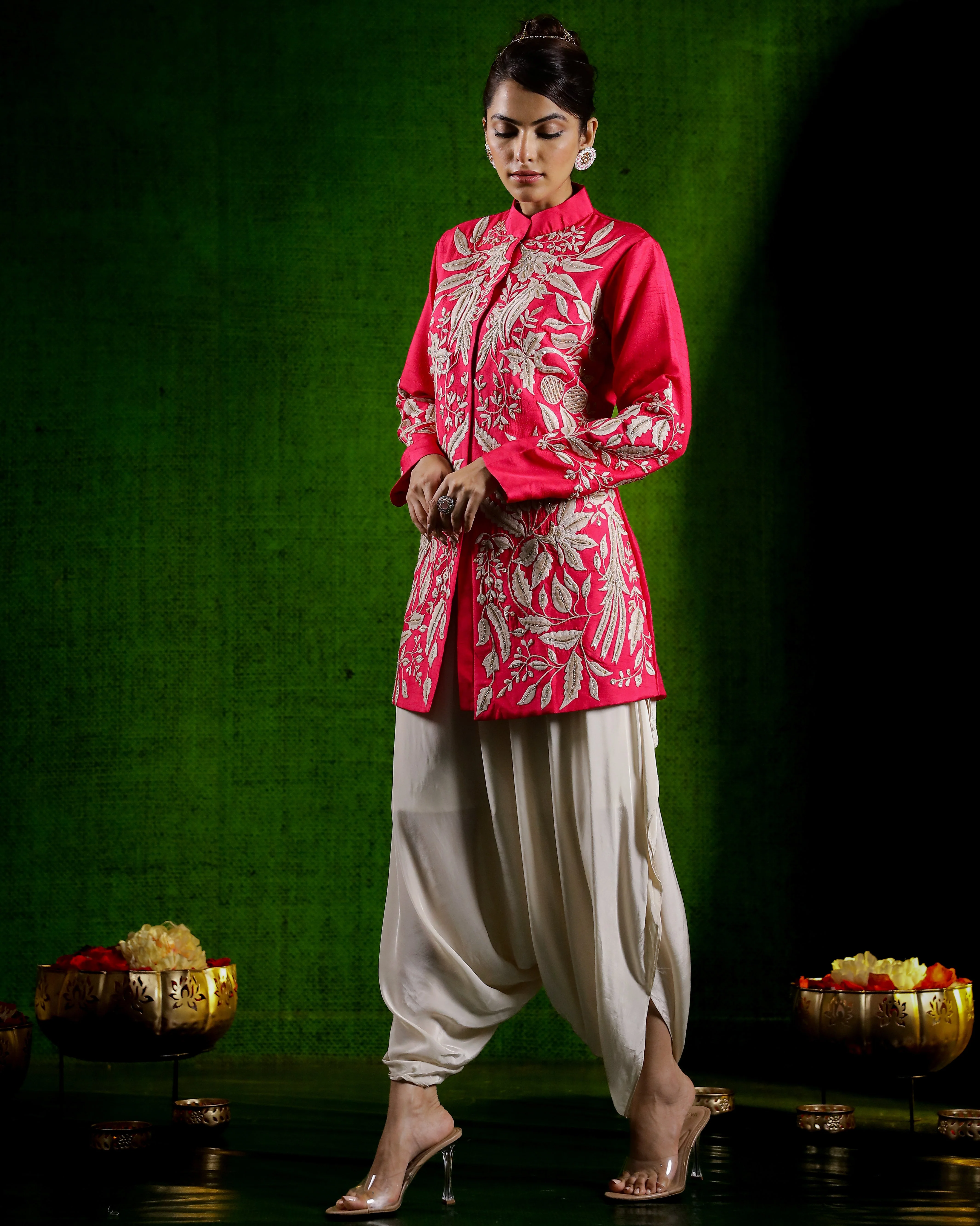 Rani Pink Embroidered Raw Silk Jacket with Cowl Pants - Image 4