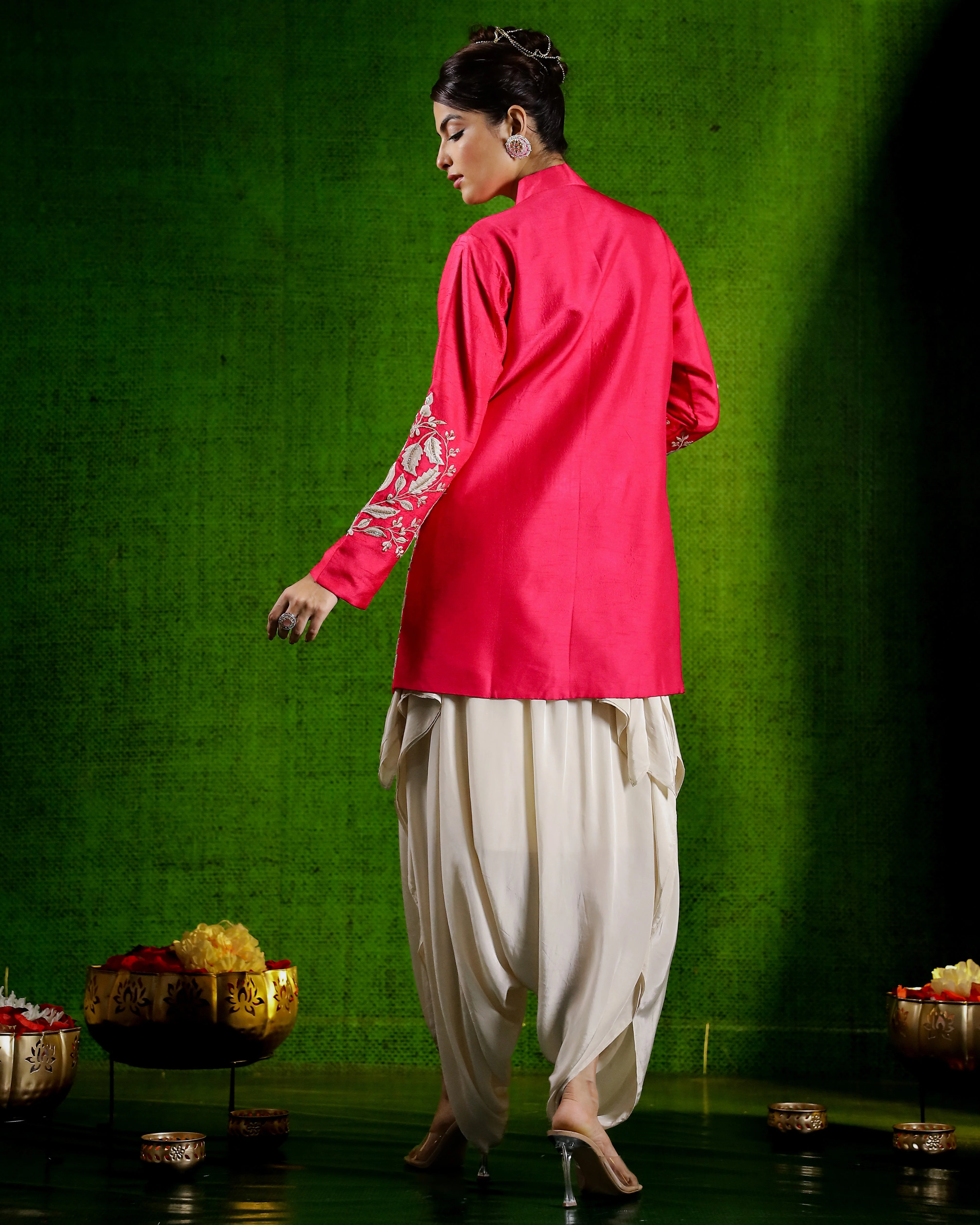 Rani Pink Embroidered Raw Silk Jacket with Cowl Pants - Image 5