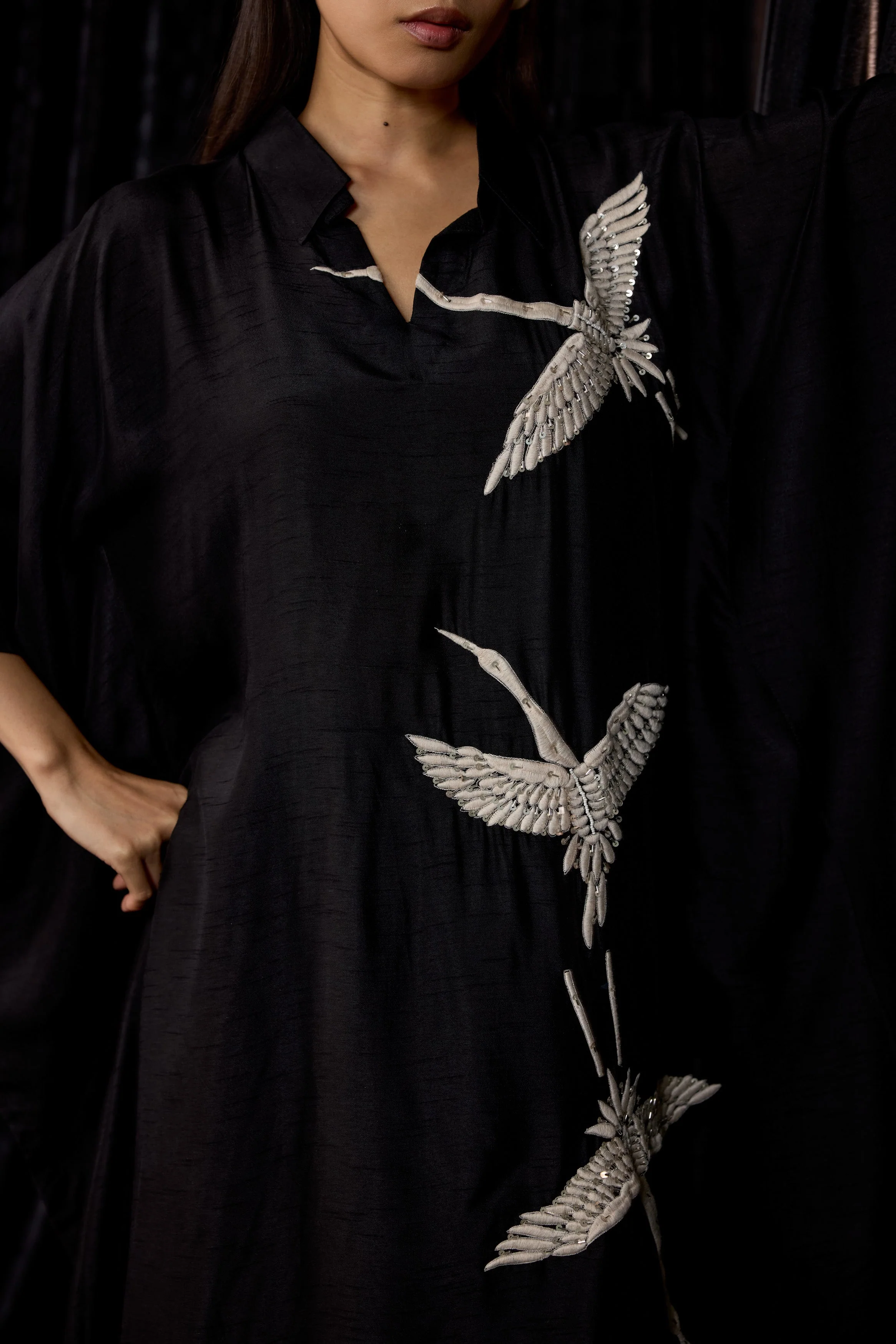 Classic Black Embroidered Raw Silk Kaftan Set - Image 2