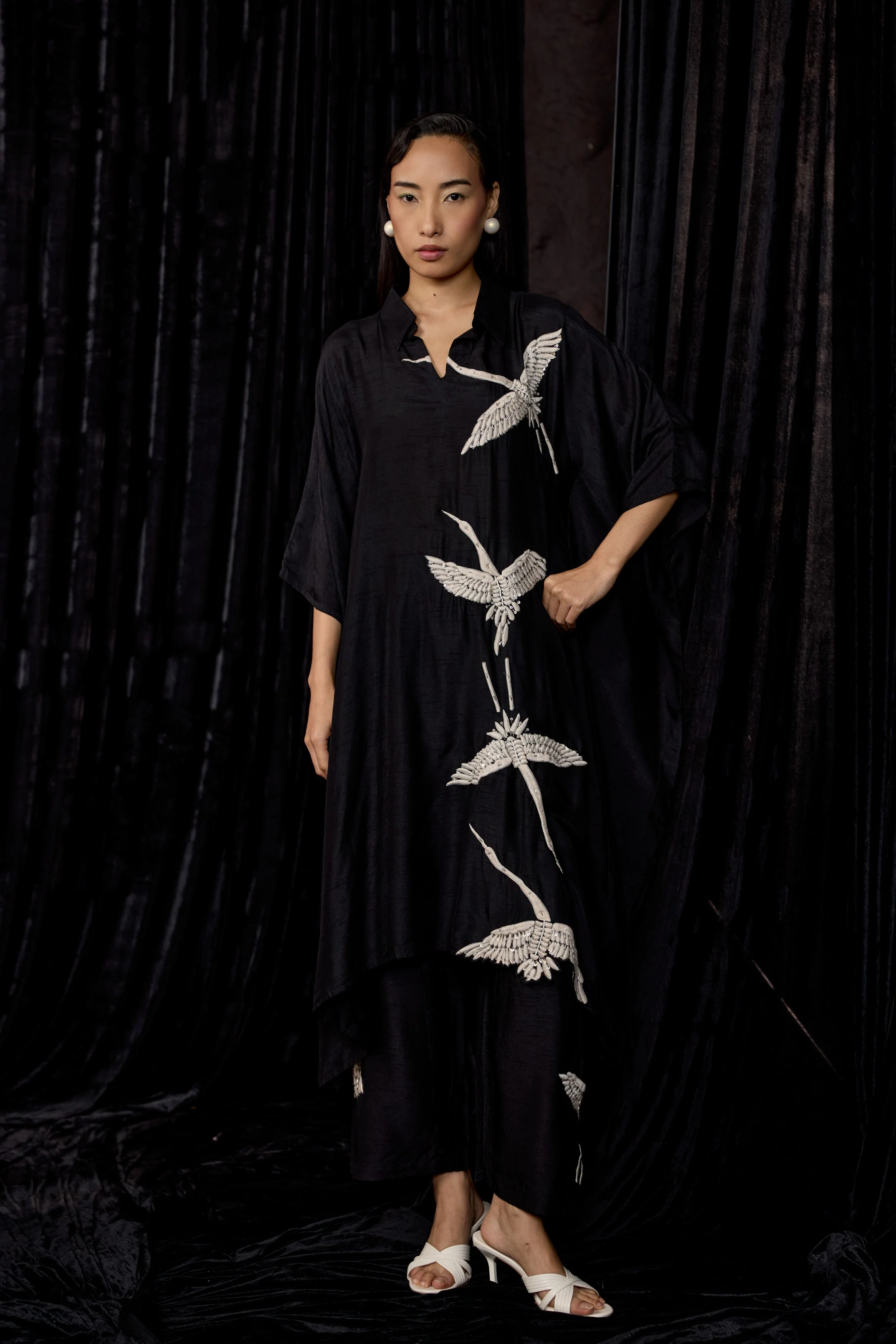 Classic Black Embroidered Raw Silk Kaftan Set - Image 4