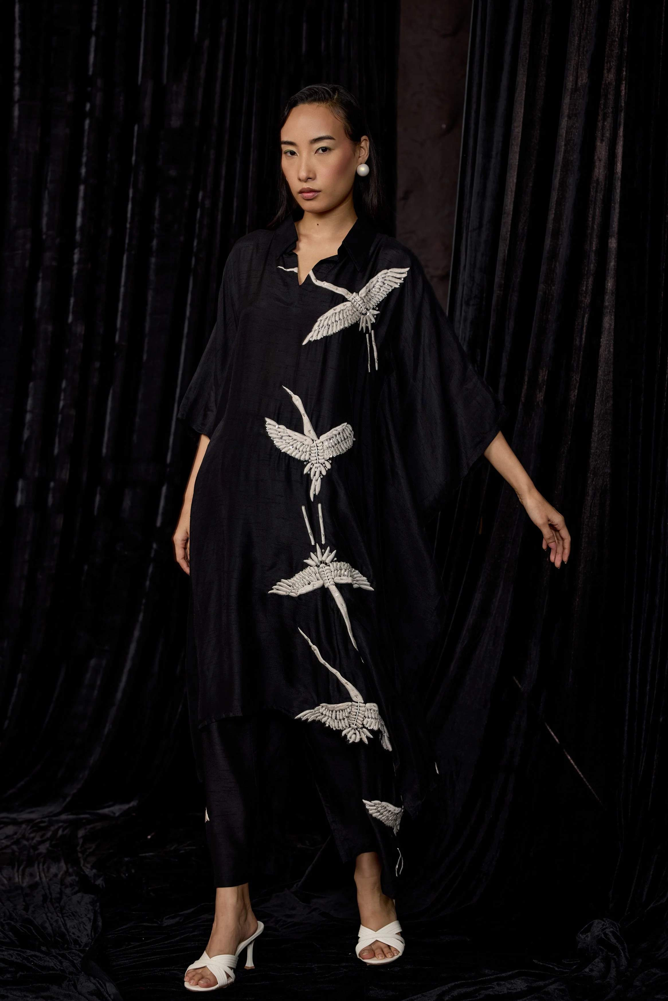 Classic Black Embroidered Raw Silk Kaftan Set - Image 5