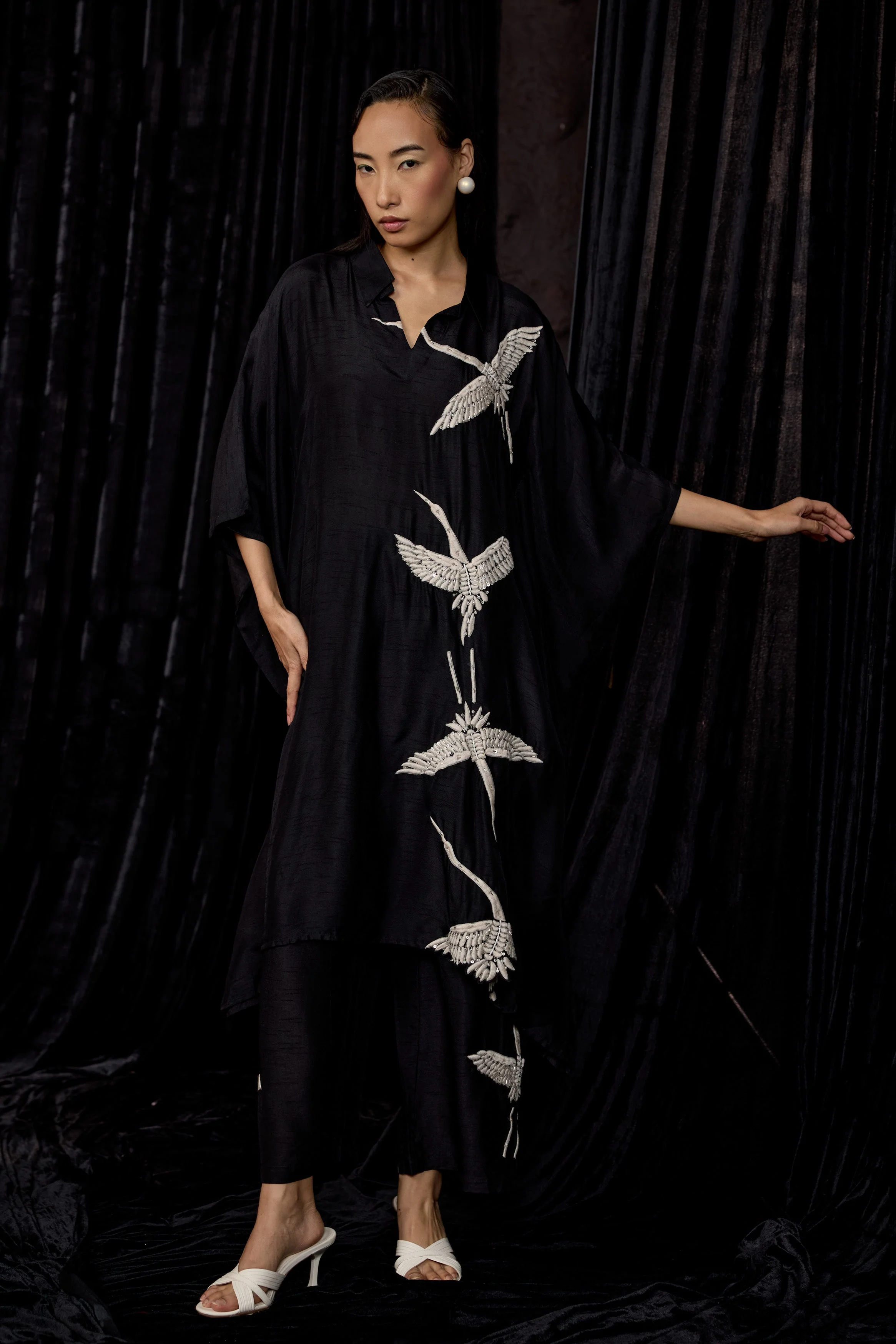 Classic Black Embroidered Raw Silk Kaftan Set - Image 6