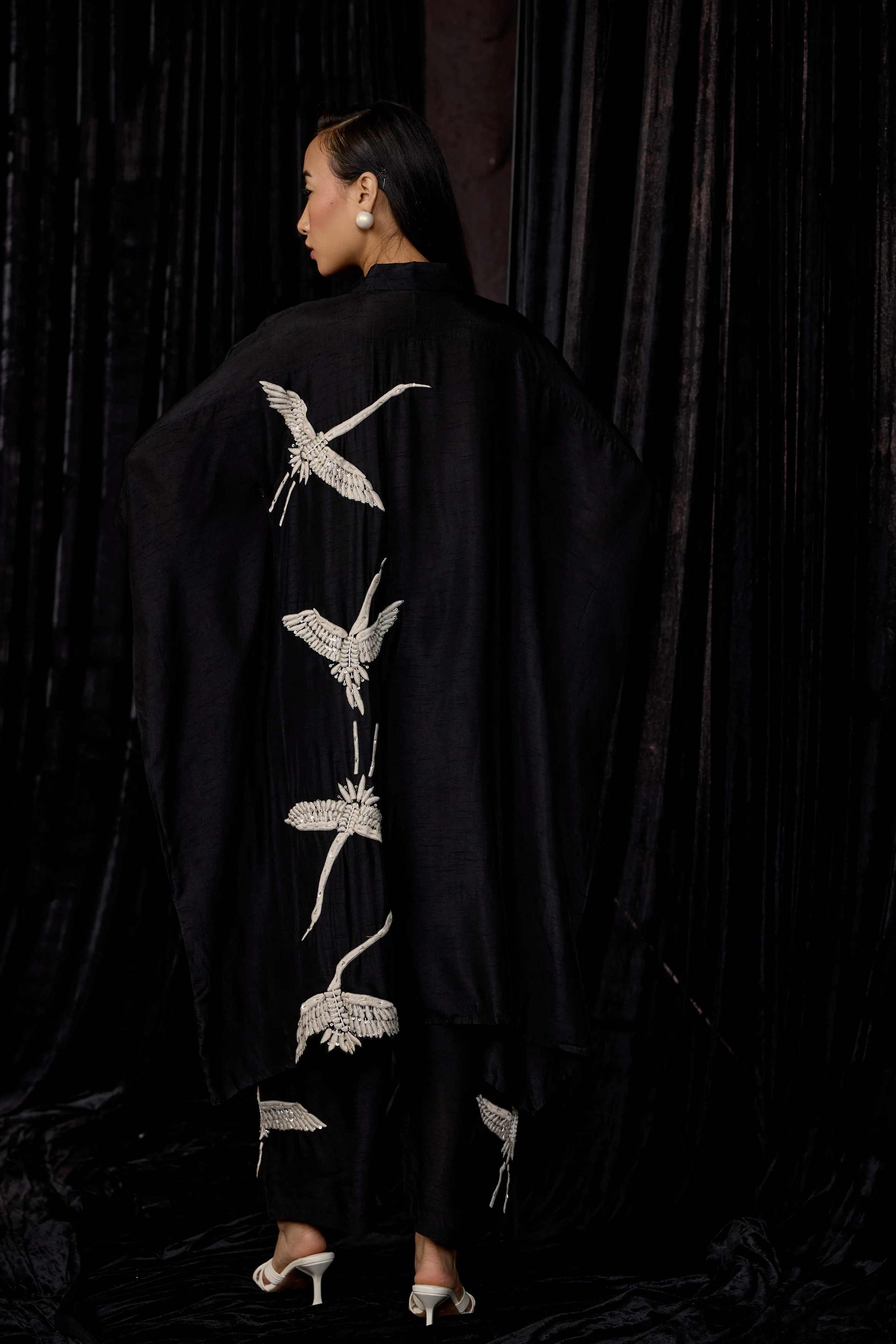 Classic Black Embroidered Raw Silk Kaftan Set - Image 7