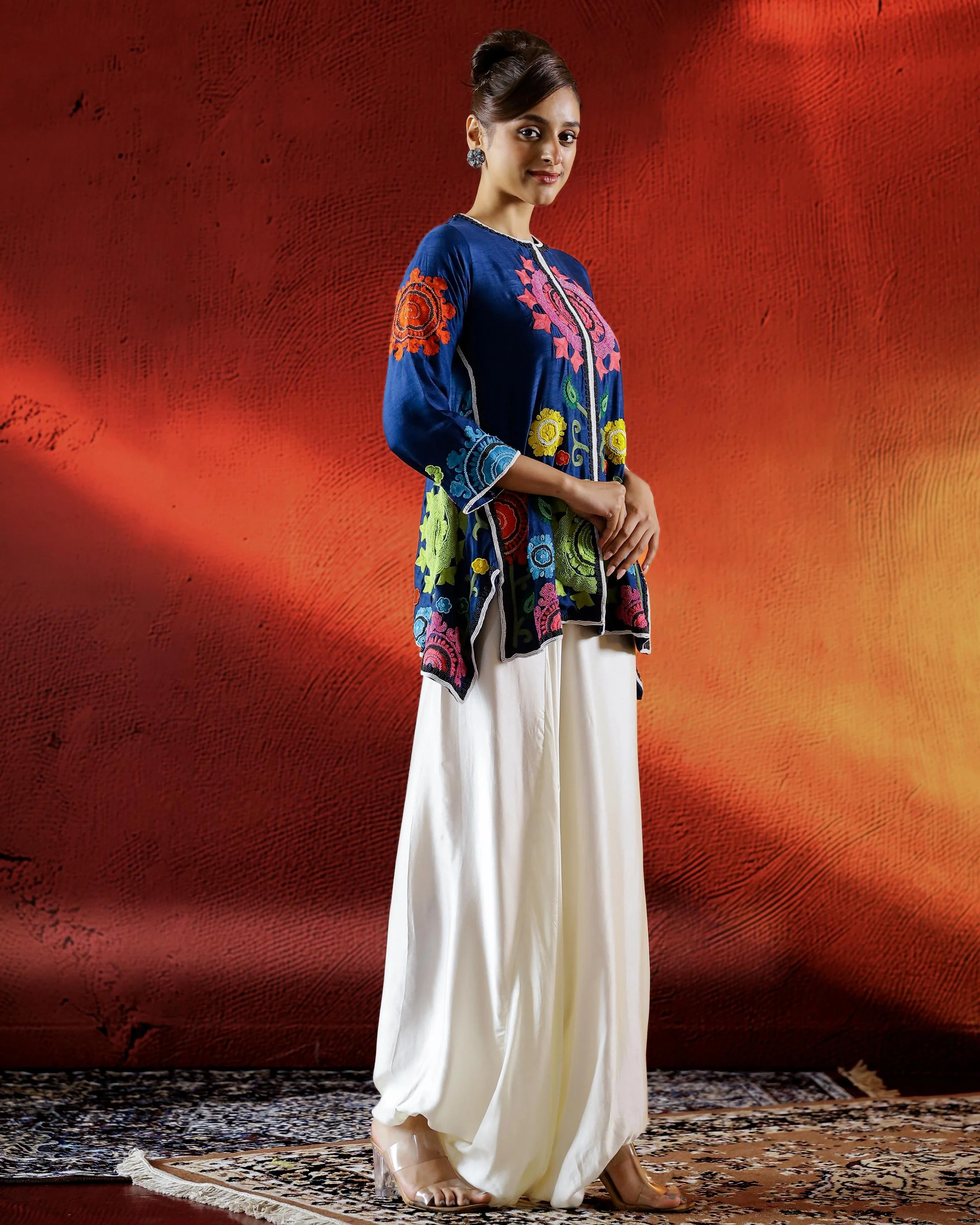 Deep Blue Embroidered Raw Silk Kurta Set - Image 3
